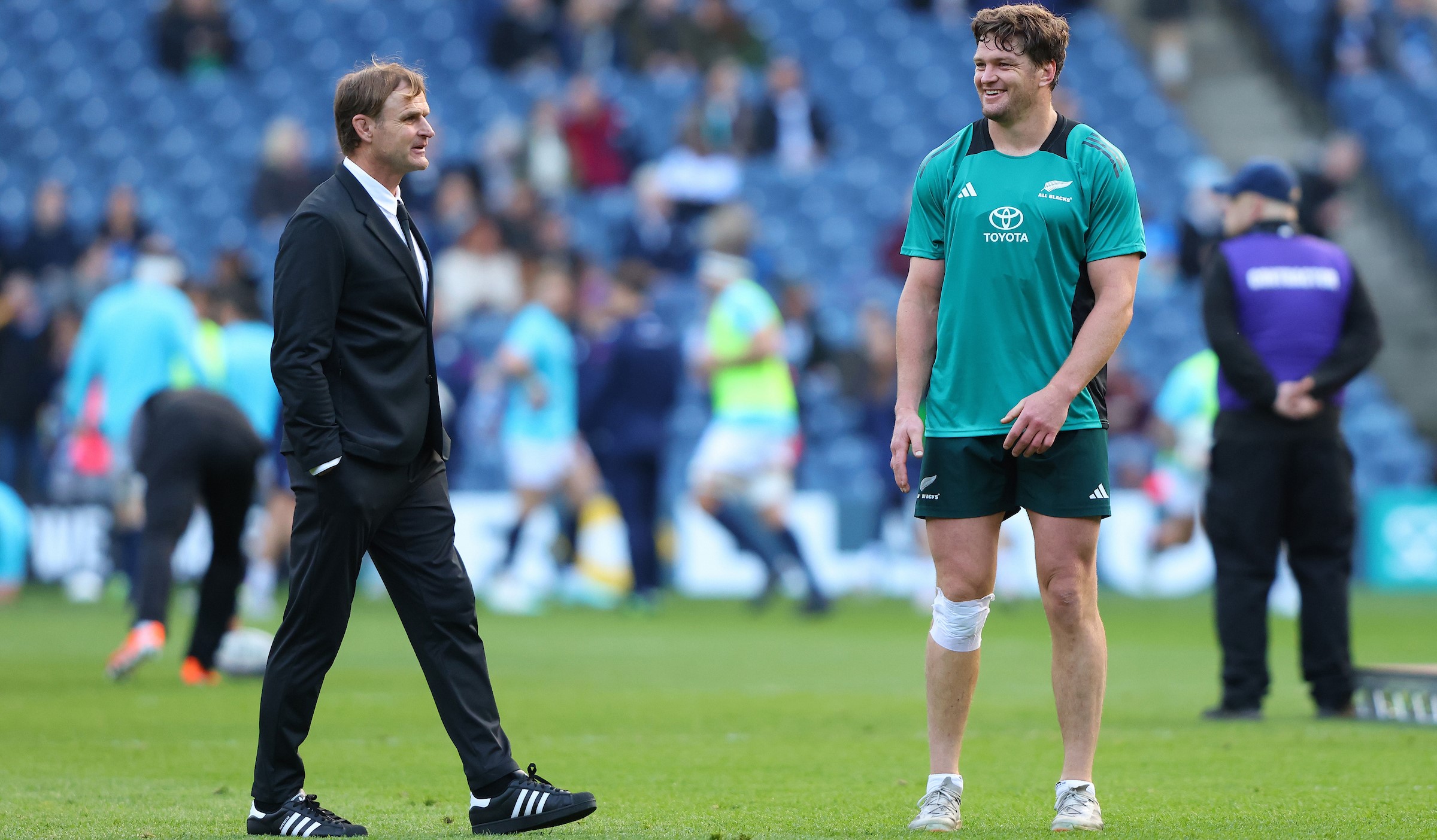 All Blacks head coach Scott Robertson, left, and Scott Barrett before the Scotland Test at Murrayfield.