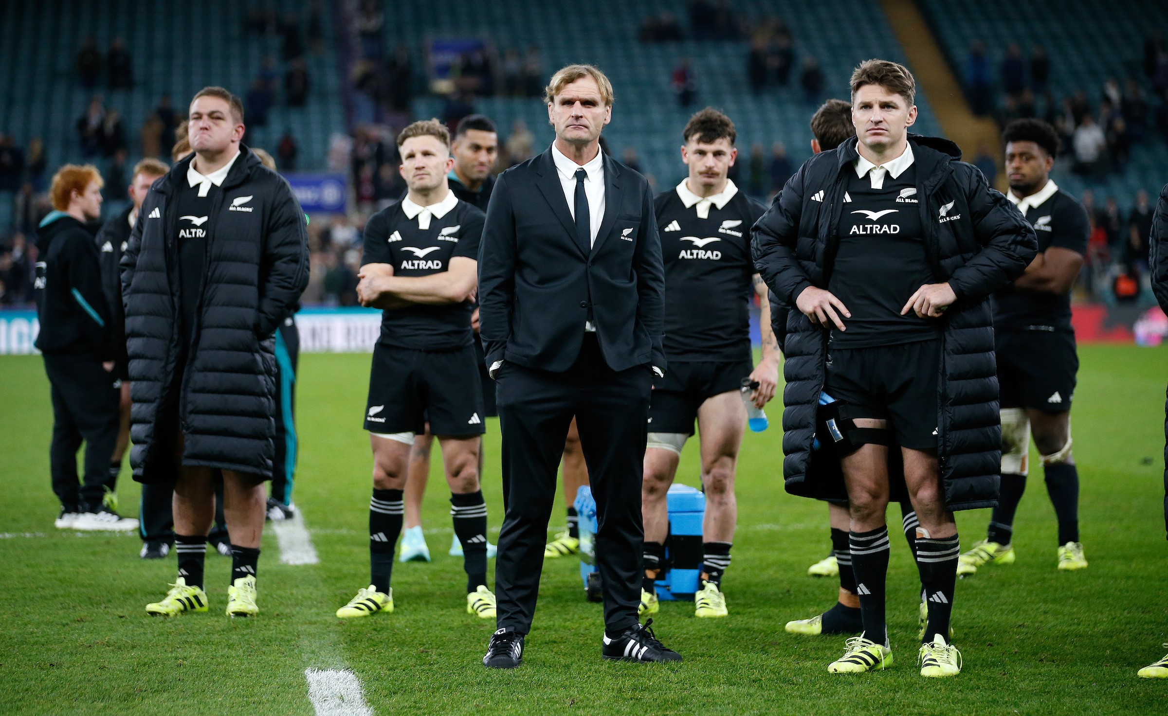 All Blacks head coach Scott Robertson and Beauden Barrett, right, reflect on their team's loss to England.