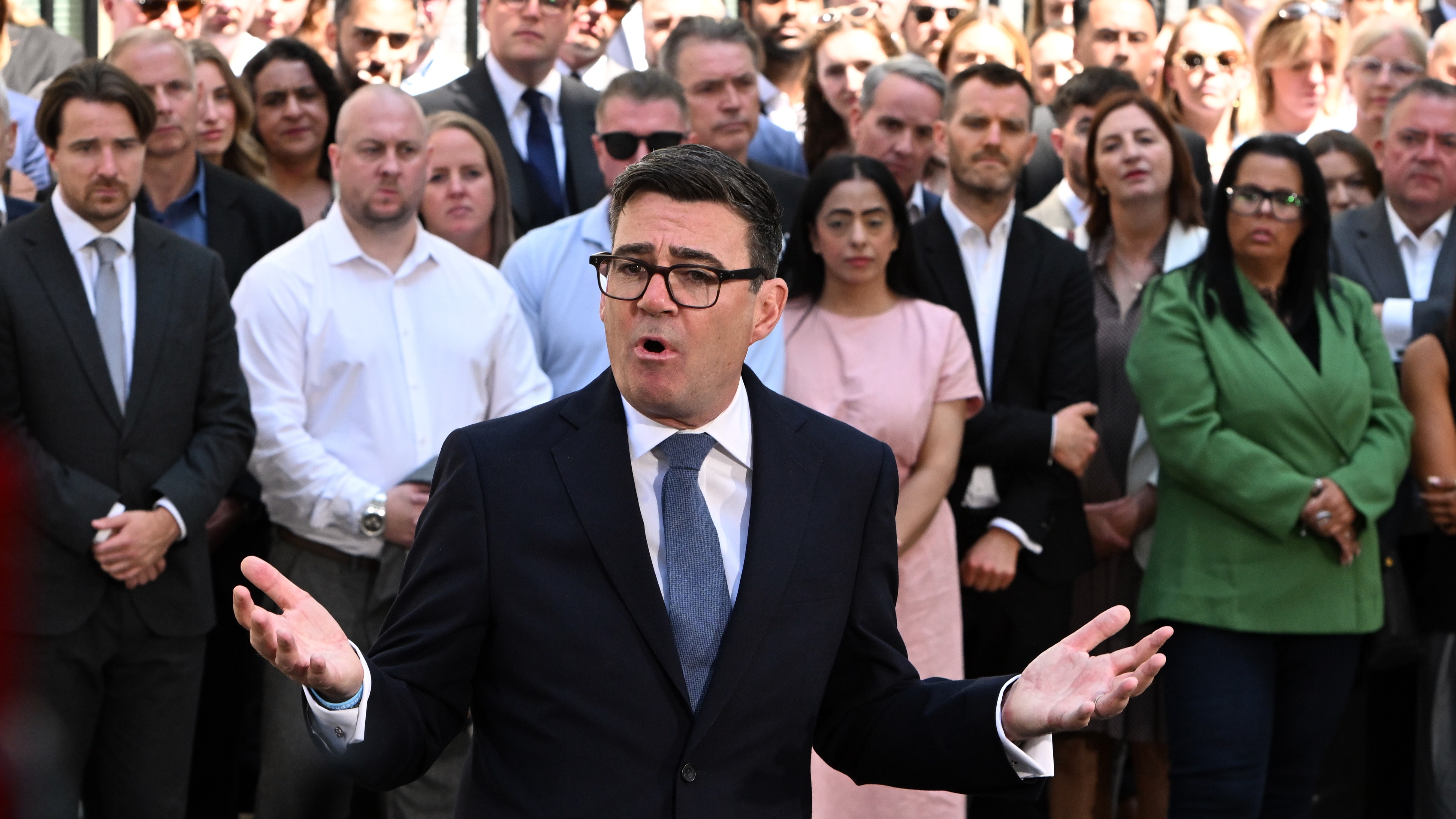 Britain's new Prime Minister Andy Burnham speaks to staff and media at 10 Downing Street in London, Monday, July 20, 2026.