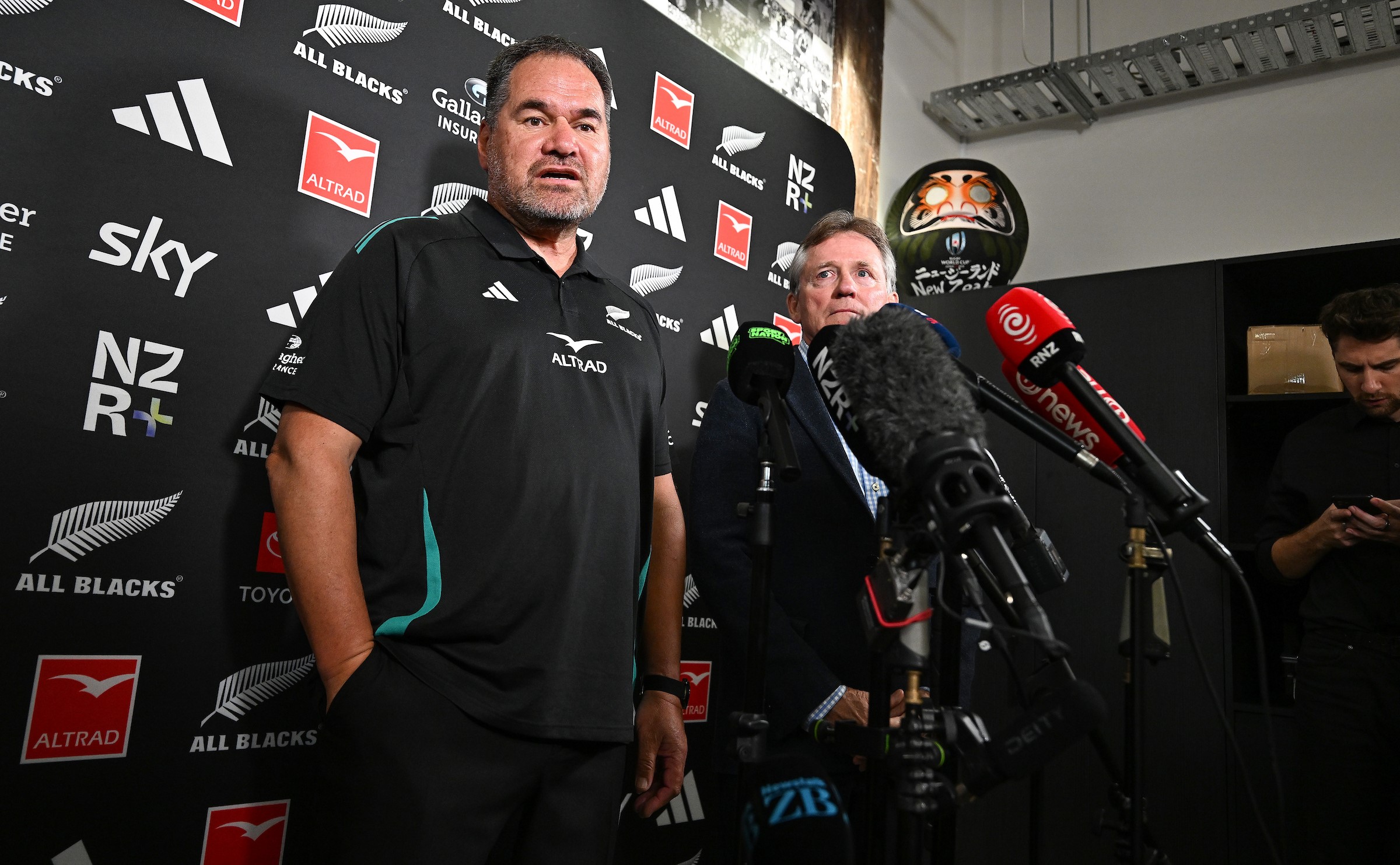 All Blacks head coach Dave Rennie, left, faces the media with NZ Rugby chairman David Kirk.