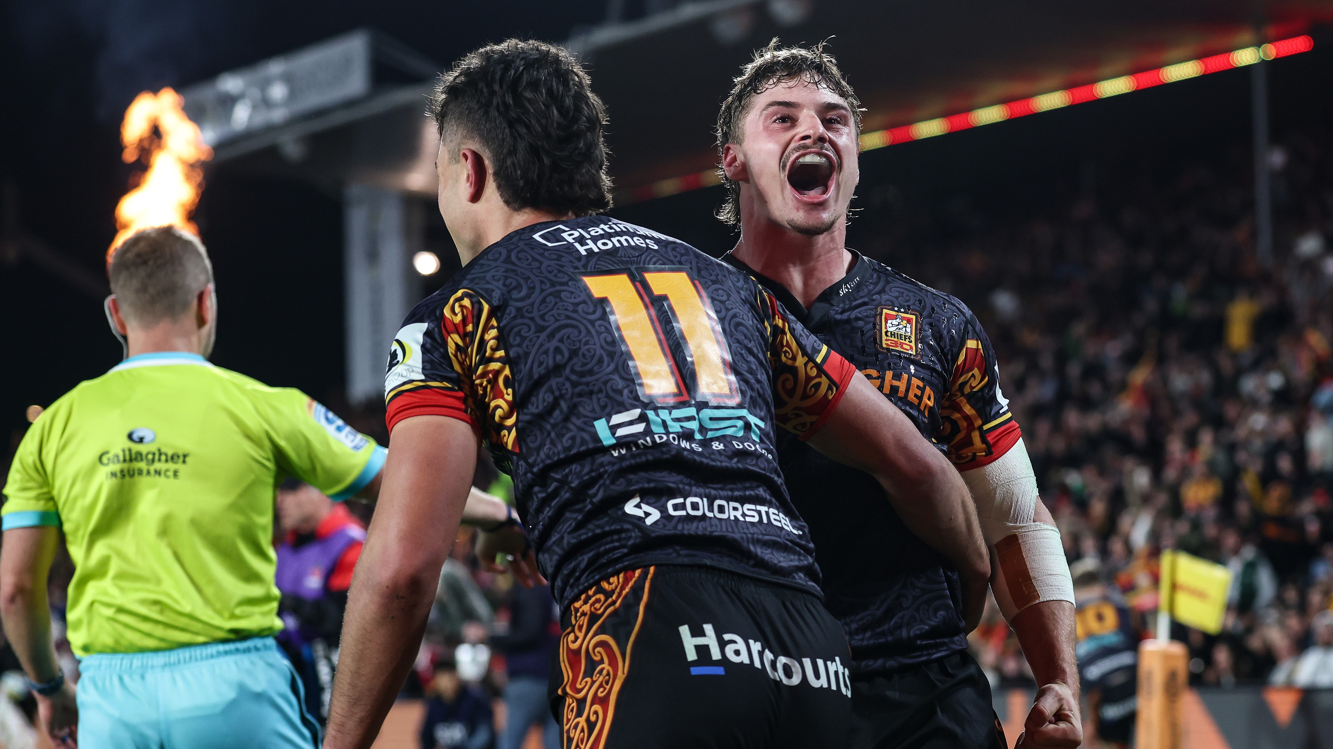 Isaac Hutchison of the Chiefs celebrates a try by Kyren Taumoefolau of the Chiefs, Chiefs v Crusaders, semi final match of the 2026 Super Rugby Pacific rugby union competition at FMG Stadium, Hamilton. 