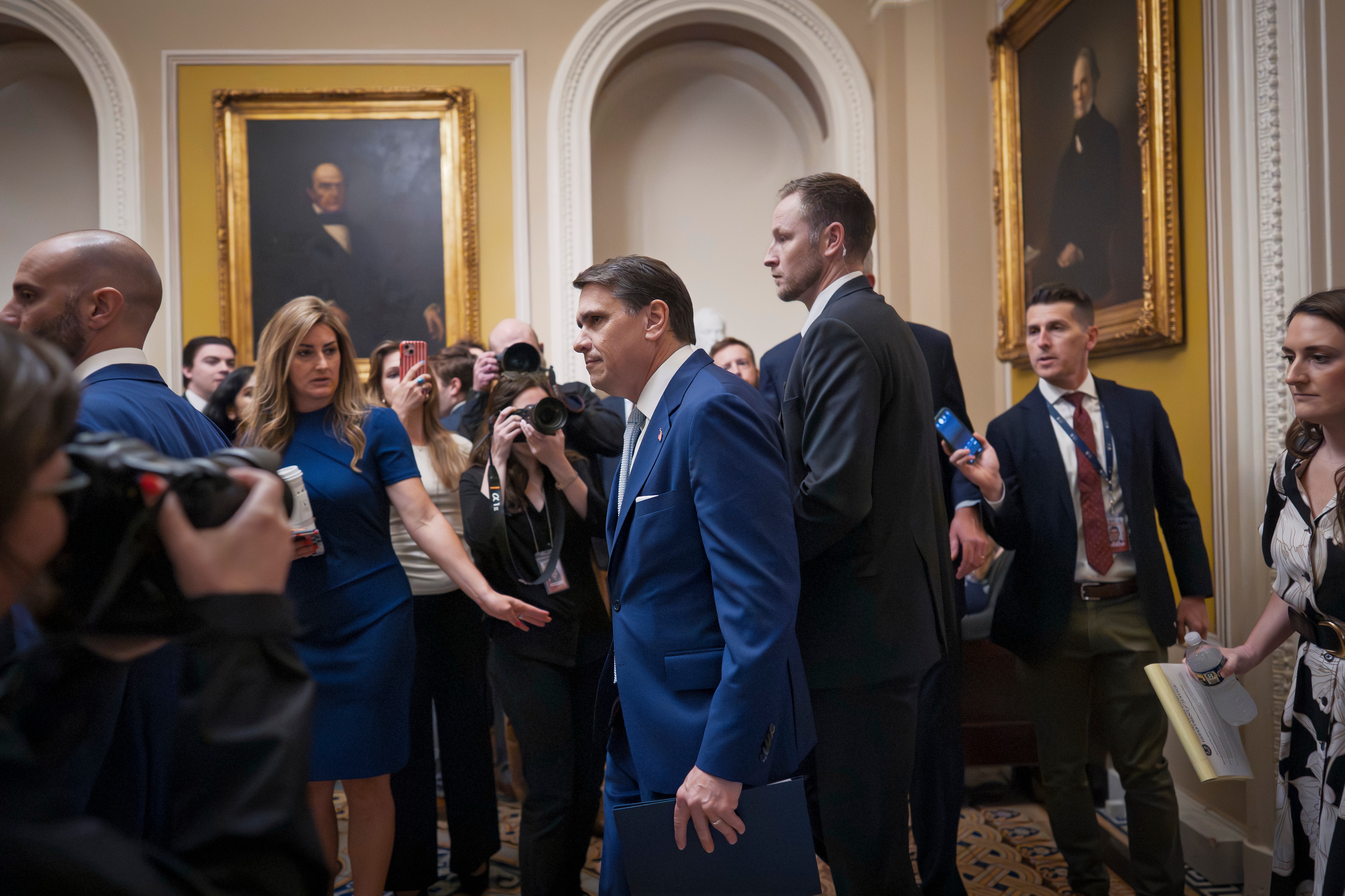 Acting Attorney General Todd Blanche arrives for a closed-door meeting with Republican senators who are expected to abandon a proposal for $1 billion in security money for the White House complex and President Donald Trump's ballroom after it has failed to win enough party support