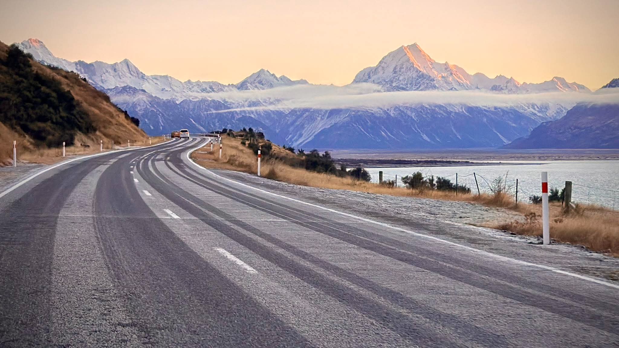 A Facebook user supplied this photo of an icy State Highway 80 in the Mackenzie Basin this morning to NZTA.
