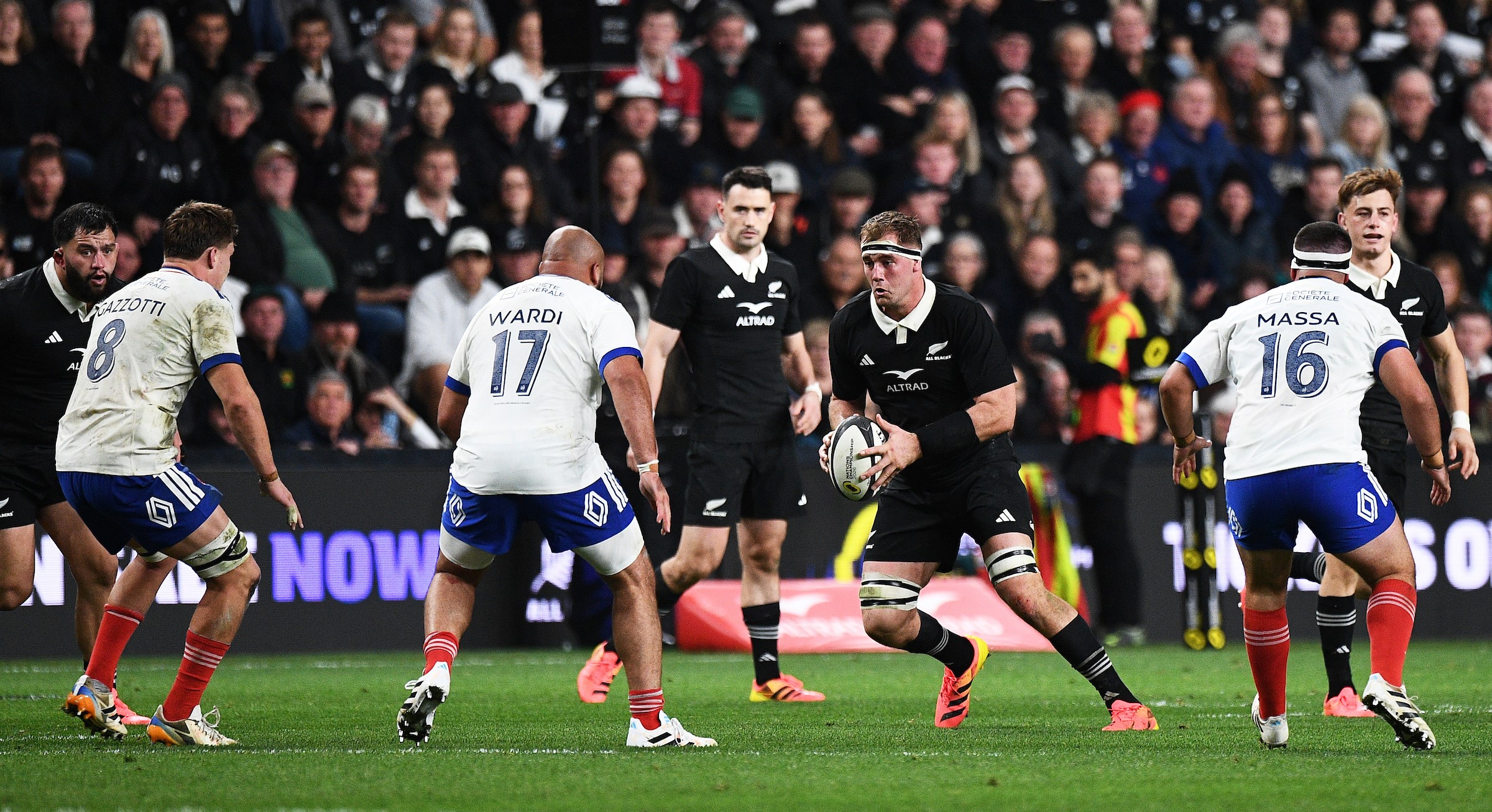 All Blacks lock Sam Darry carries the ball against France in Christchurch.