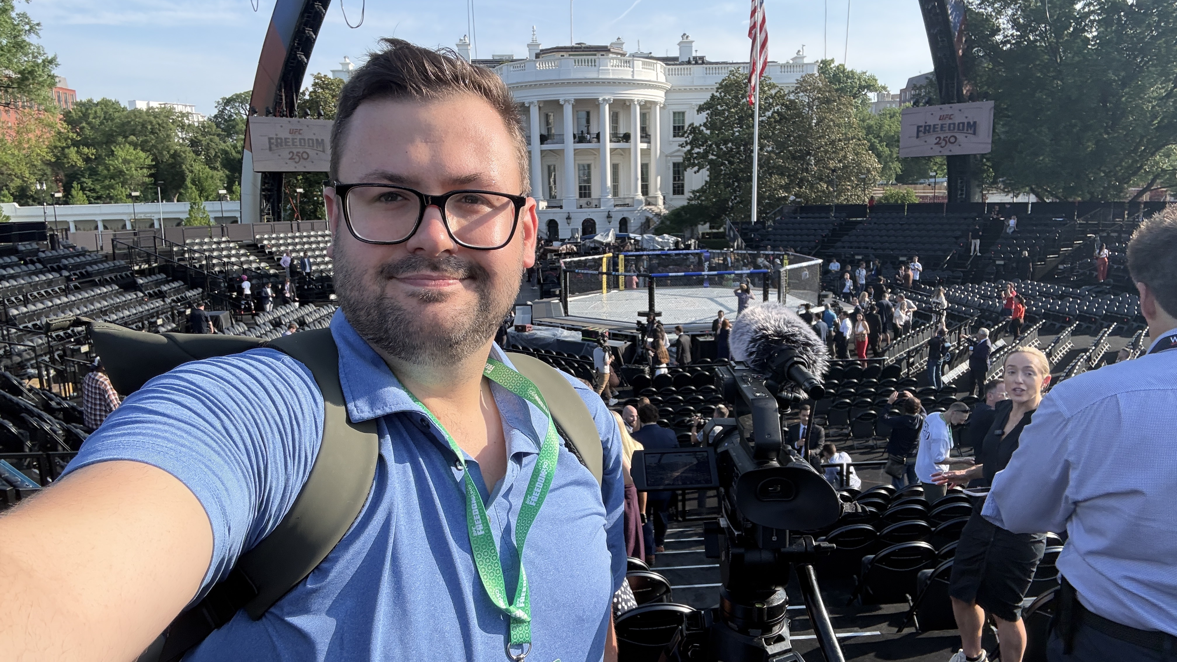 1News US Correspondent Logan Church inside the makeshift arena for the UFC's Freedom 250 event at the White House.