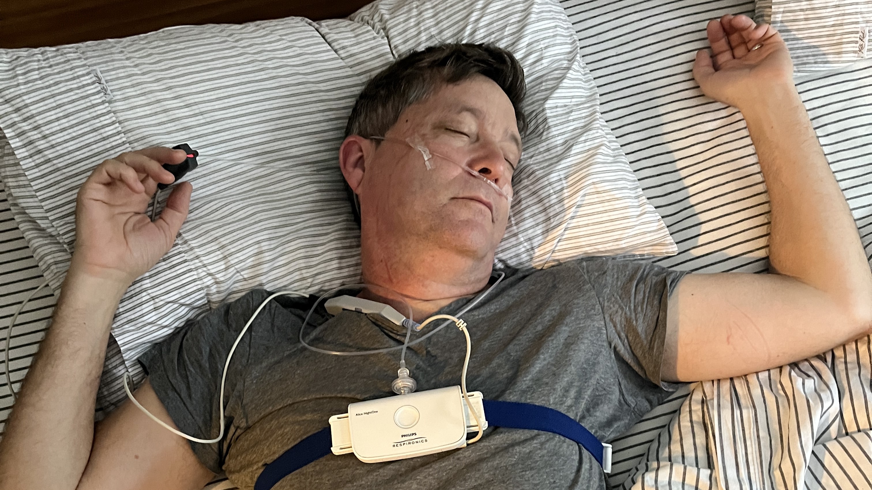Writer Adam Dudding partakes in a sleep study to measure apnoea.