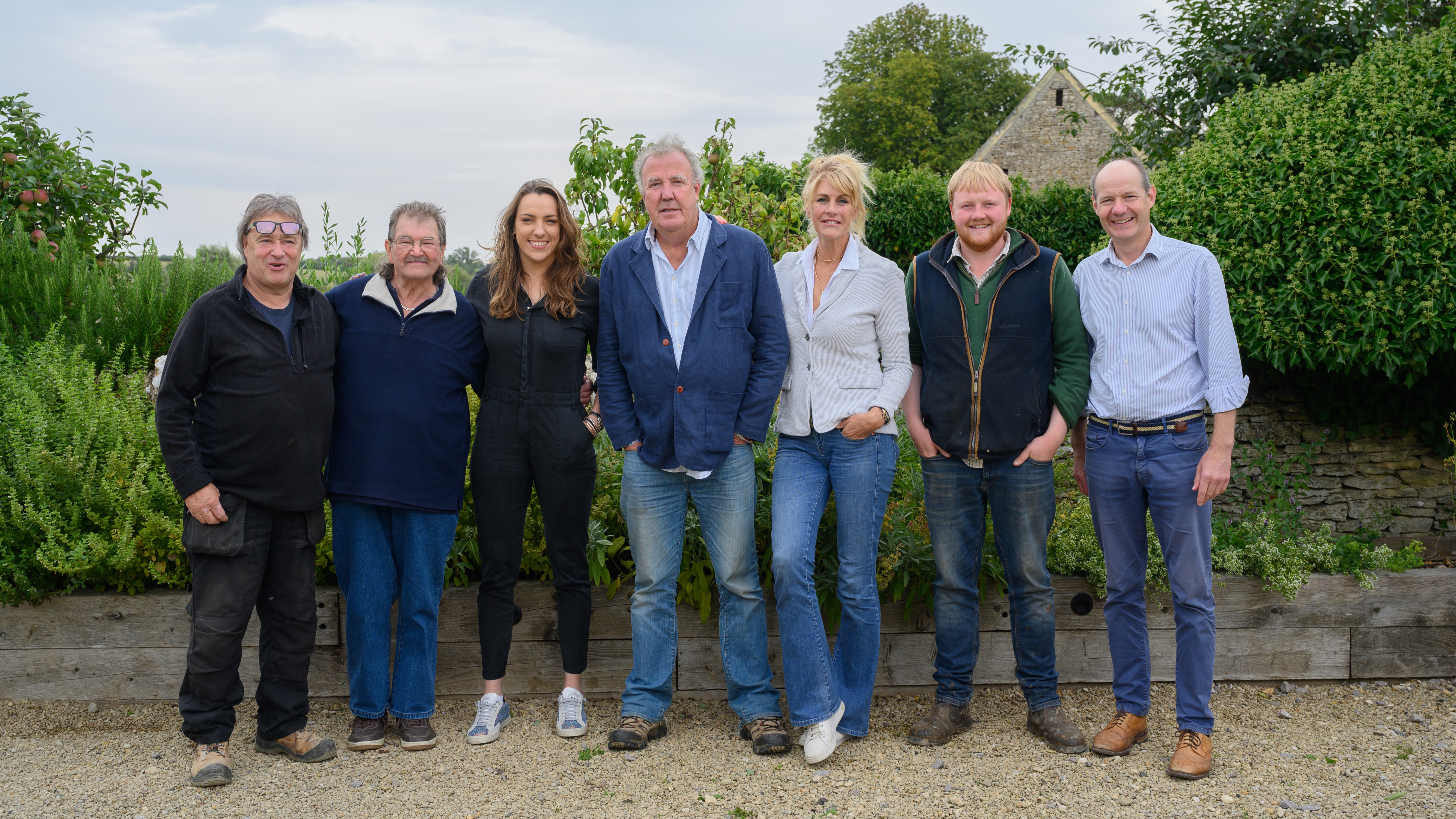 Alan Townsend, Gerald Cooper, Annie Gray, Jeremy Clarkson, Lisa Hogan, Kaleb Cooper, Charlie Ireland from Clarkson's Farm series 4.