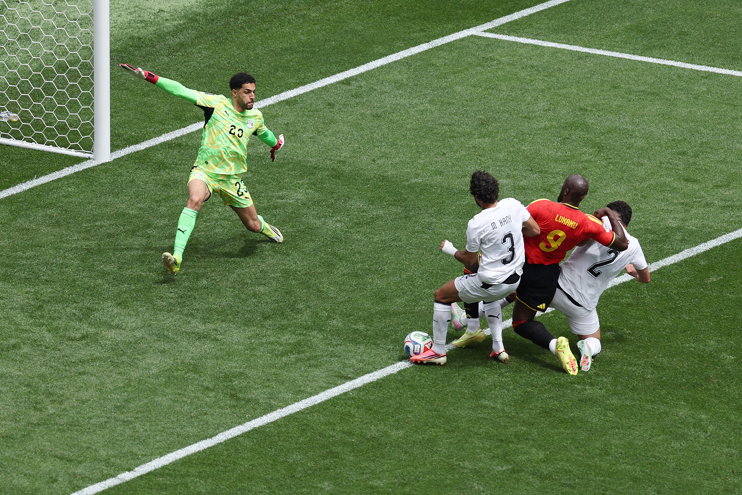 Egypt's Mohamed Hany (3) scores an own goal during the World Cup Group G soccer match between Belgium and Egypt in Seattle, Monday, June 15, 2026.