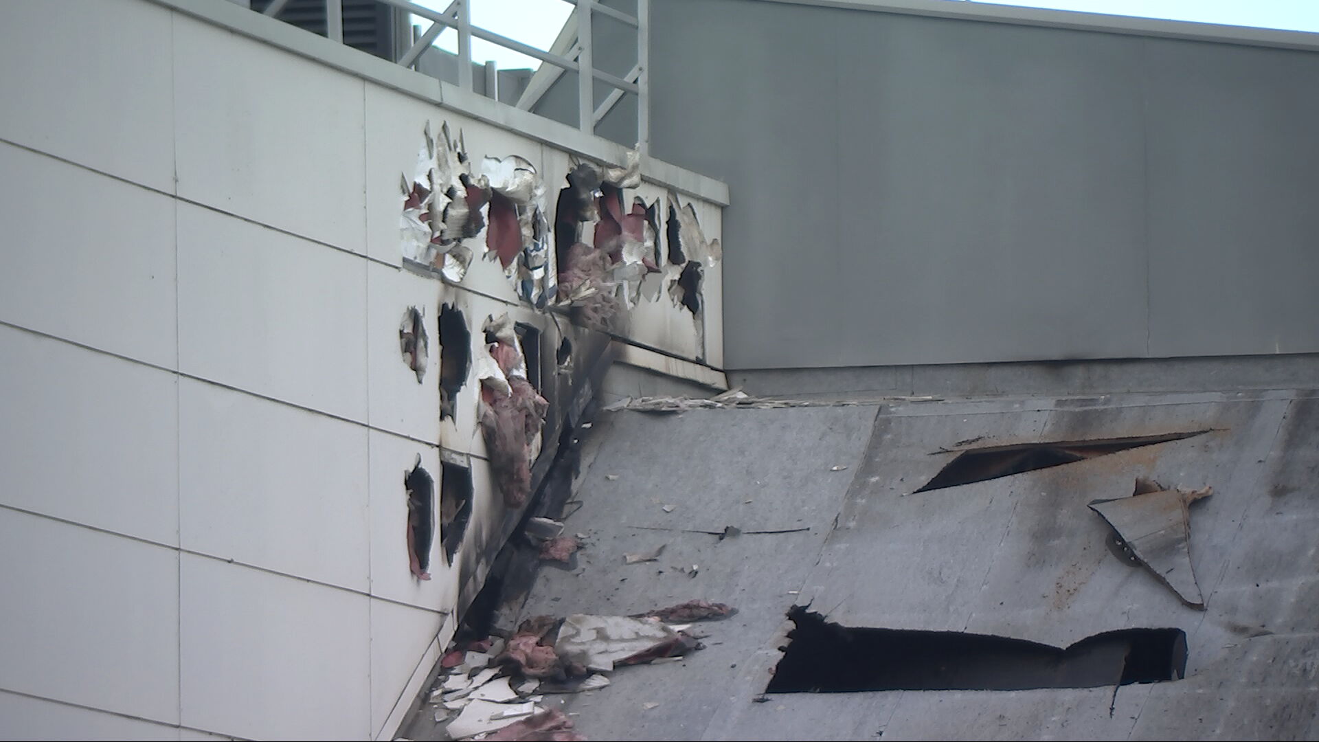 Damage to a section of Wellington Airport's domestic terminal seen this morning.