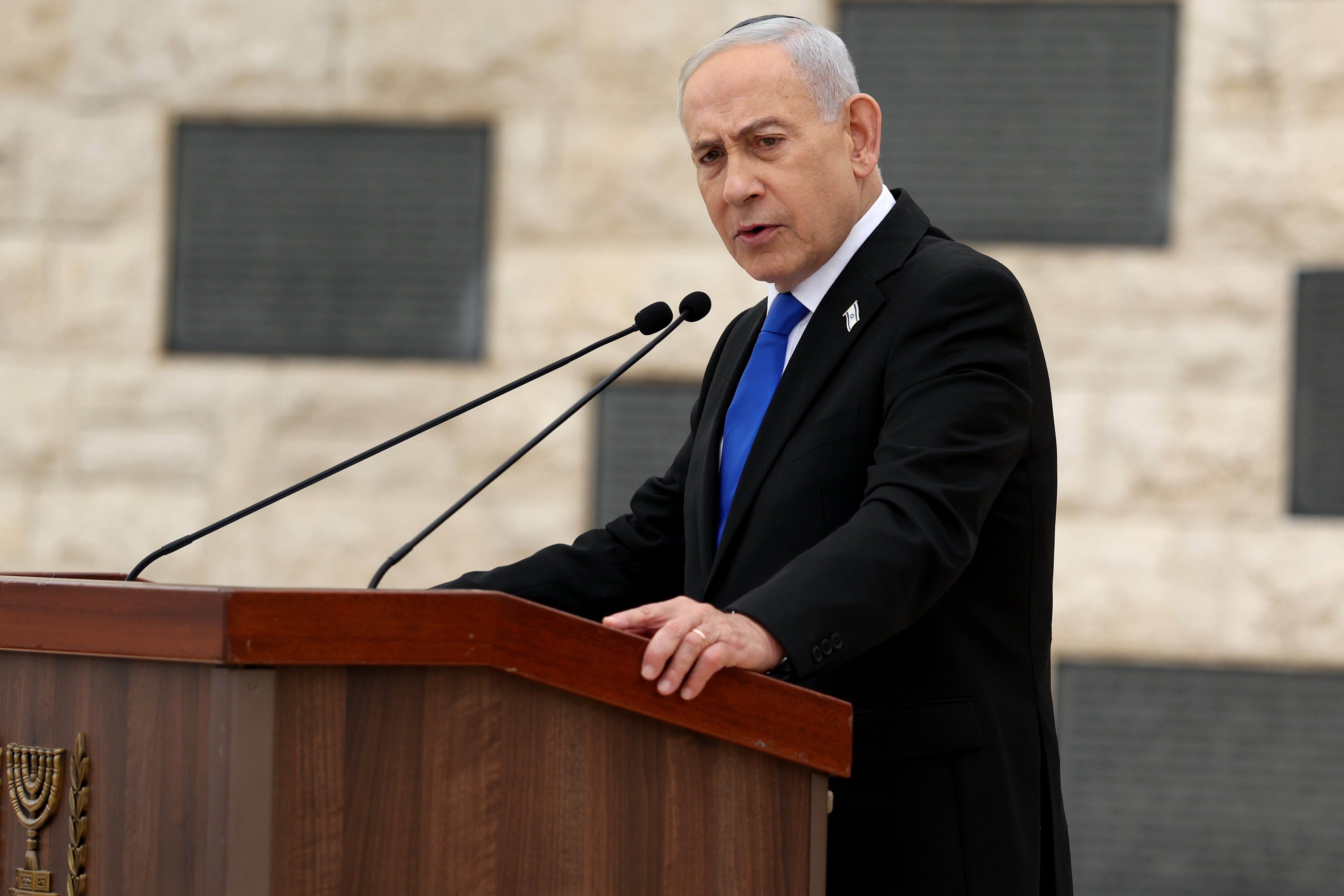 Benjamin Netanyahu seen at Remembrance day ceremony, April 2026.
