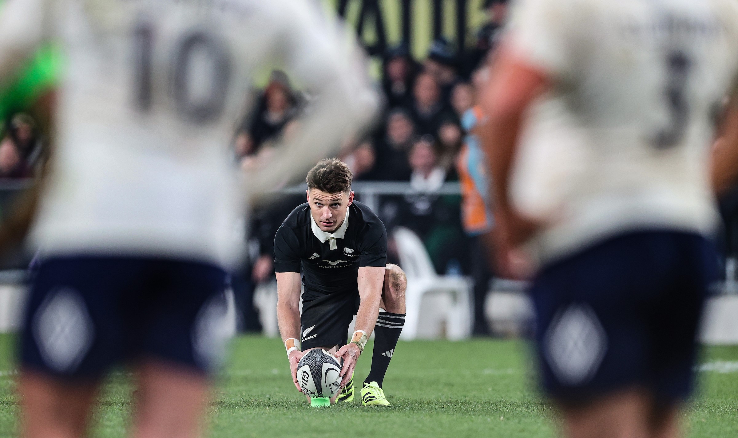 Beauden Barrett lines up a kick against France in Dunedin.