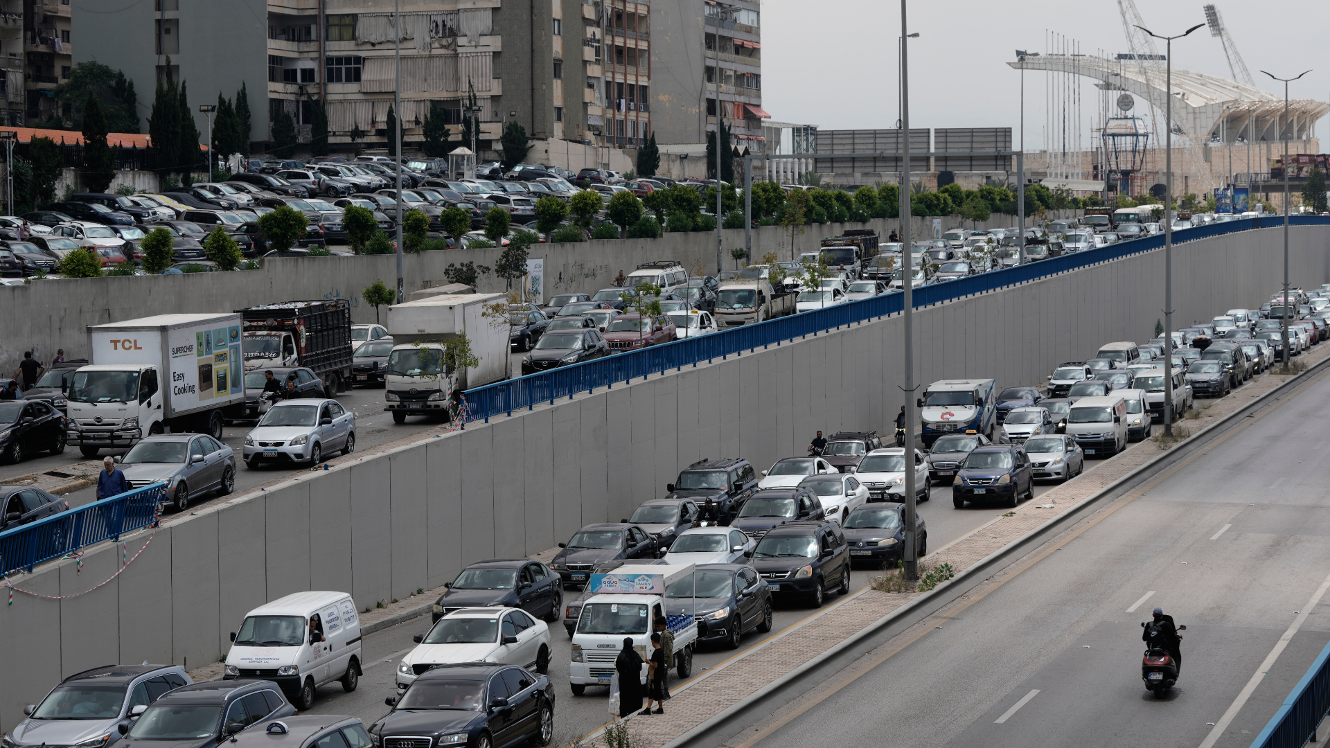Cars sit in traffic on a highway as residents flee following an Israeli threat to strike Dahiyeh, Beirut's southern suburbs, Lebanon.