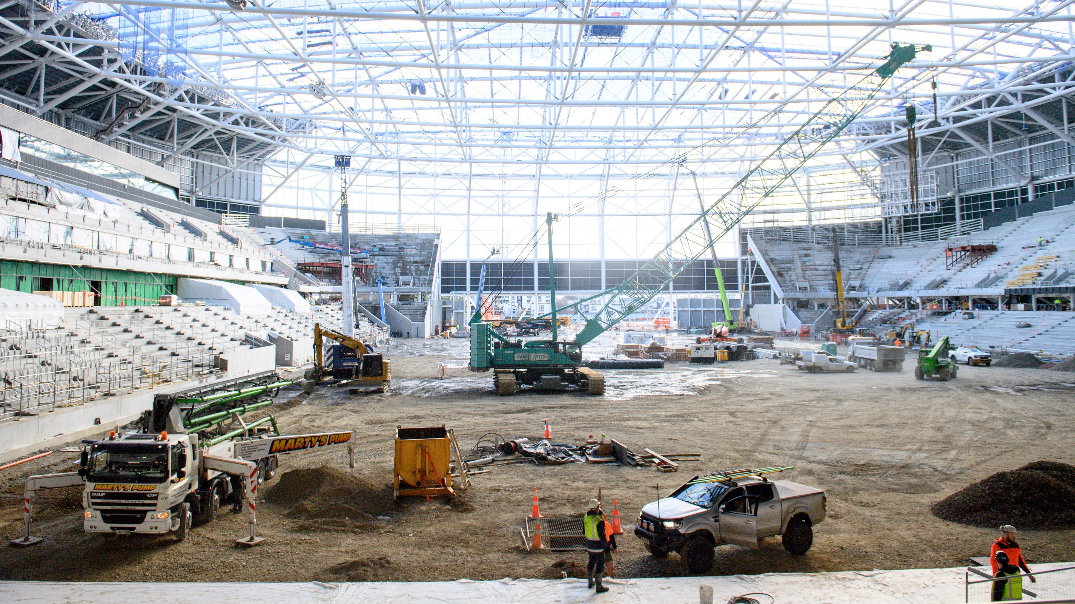 Construction progresses at Christchurch's Te Kaha Stadium on August 11, 2025.
