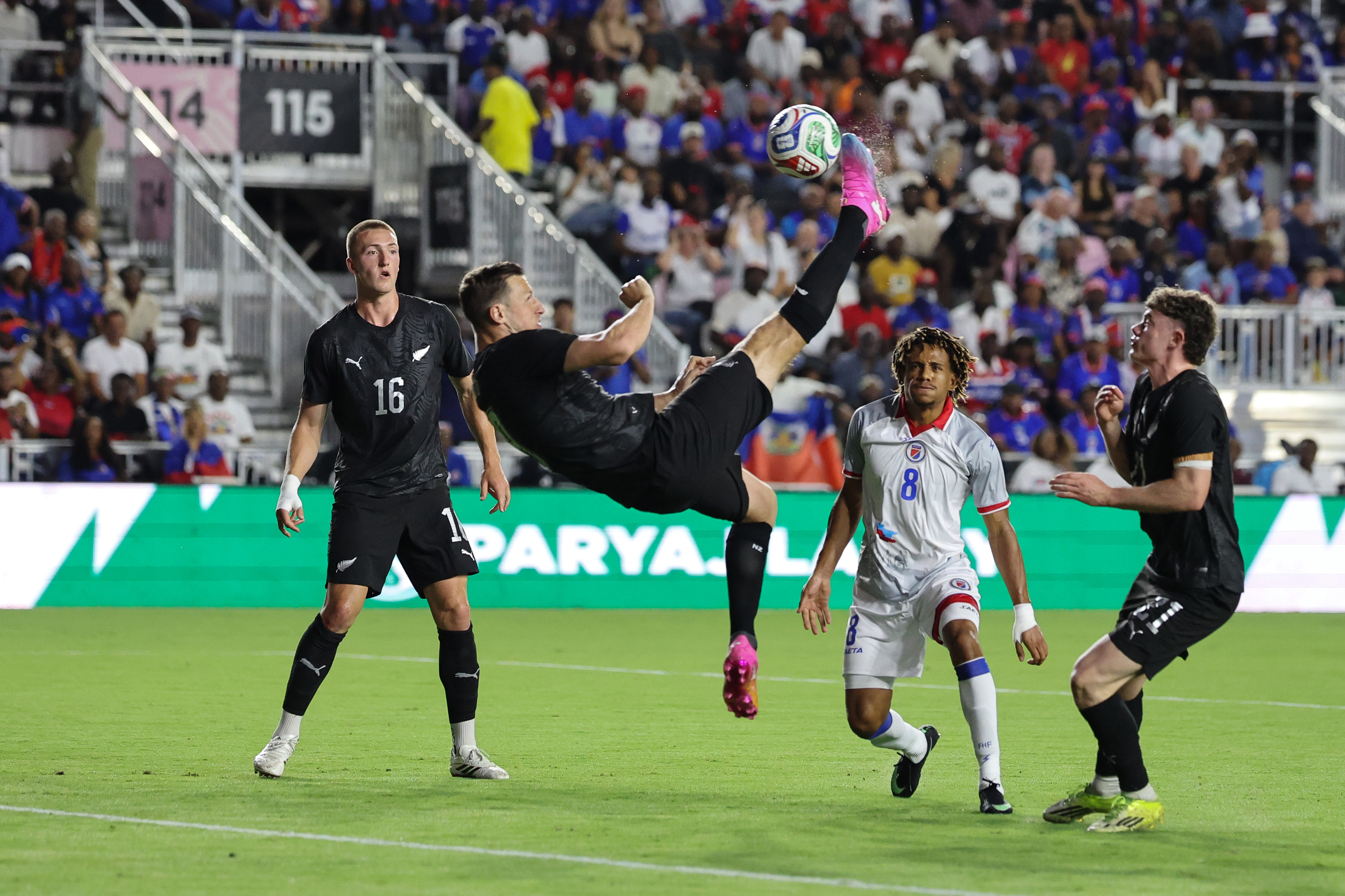 Chris Wood of New Zealand takes an overhead shot at goal, Haiti v New Zealand All Whites, international friendly football match at Chase Stadium, Fort Lauderdale, Florida, USA on Tuesday 2 June 2026.
Photo: Carl Kafka / Photosport