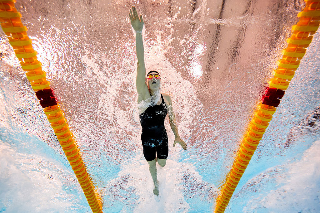 Erika Fairweather of Team New Zealand competes during the Women's 4 x 200m Freestyle Final.