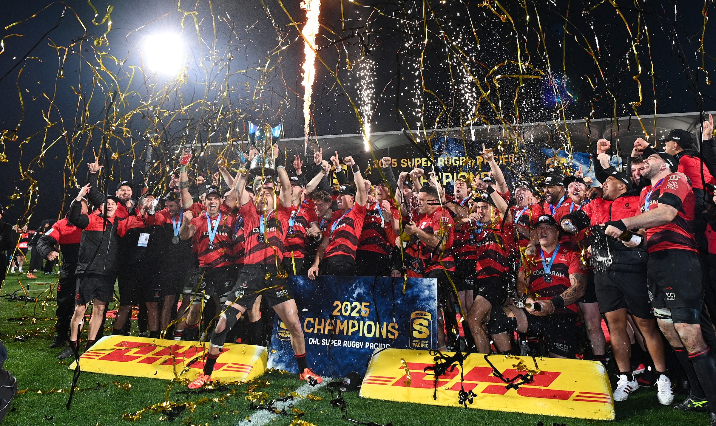 The Crusaders celebrate winning the 2025 Super Rugby Pacific grand final after beating the Chiefs.