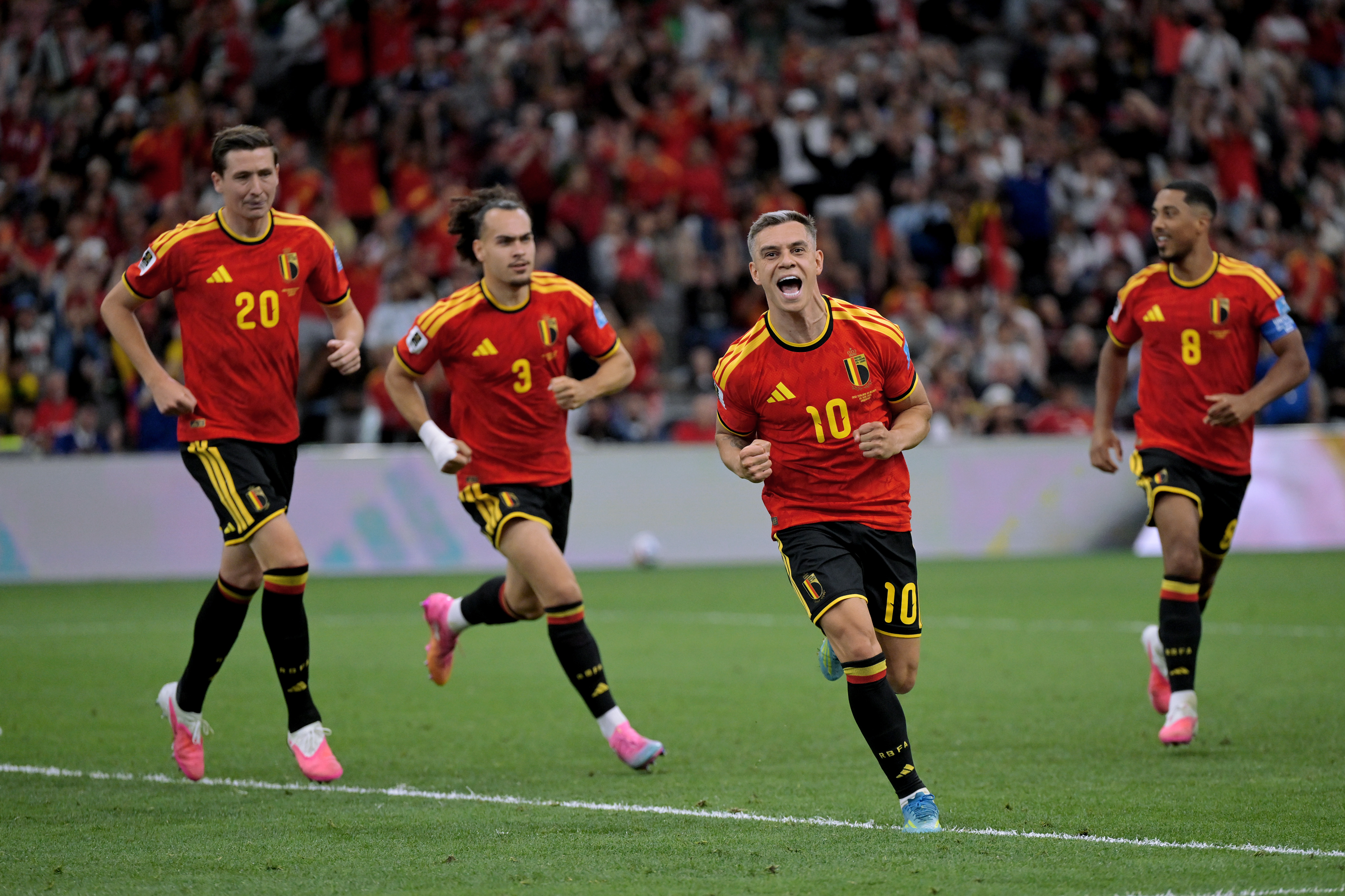 Leandro Trossard celebrates scoring for Belgium 