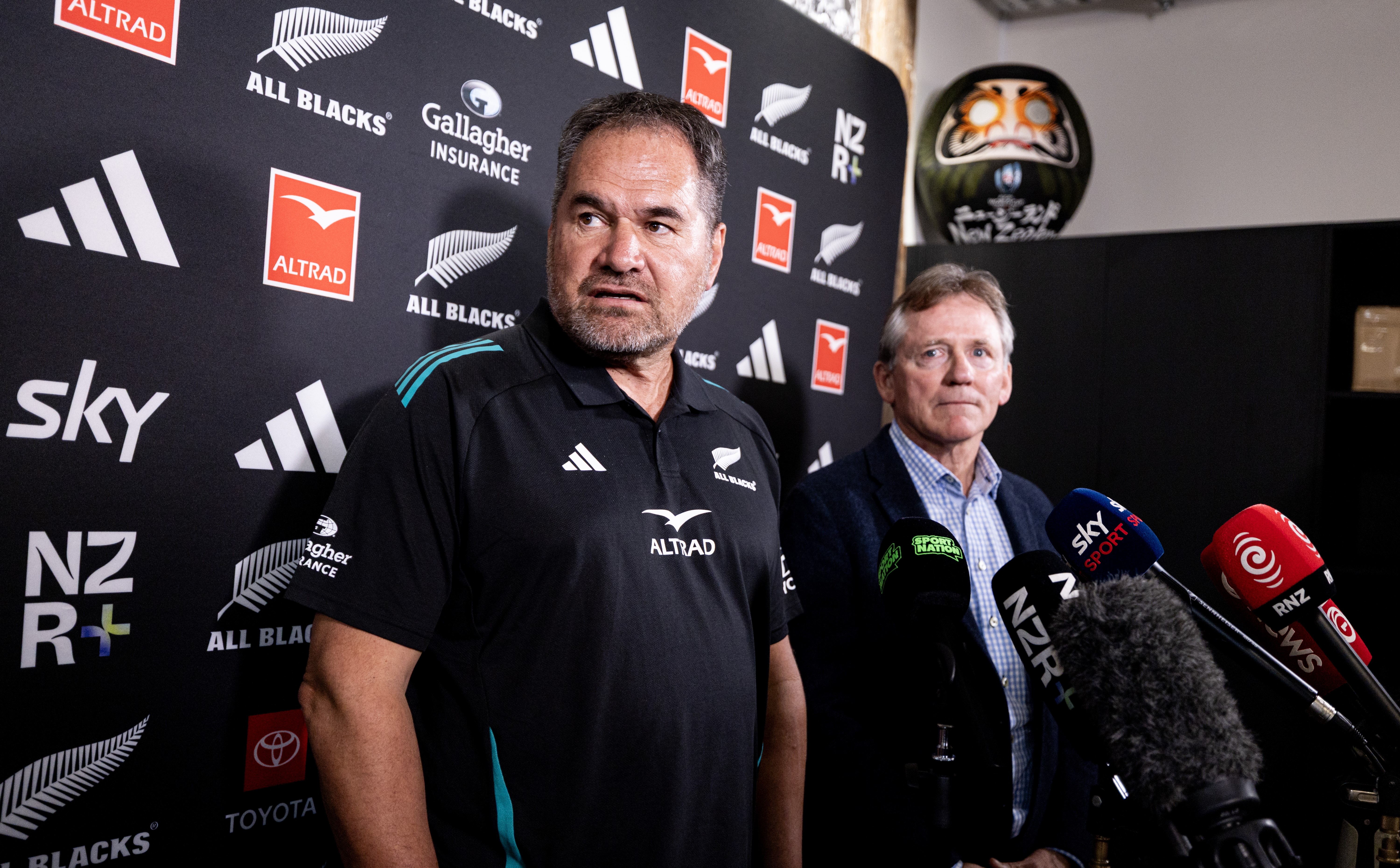 New All Blacks head coach Dave Rennie faces the media alongside NZ Rugby chairman David Kirk.