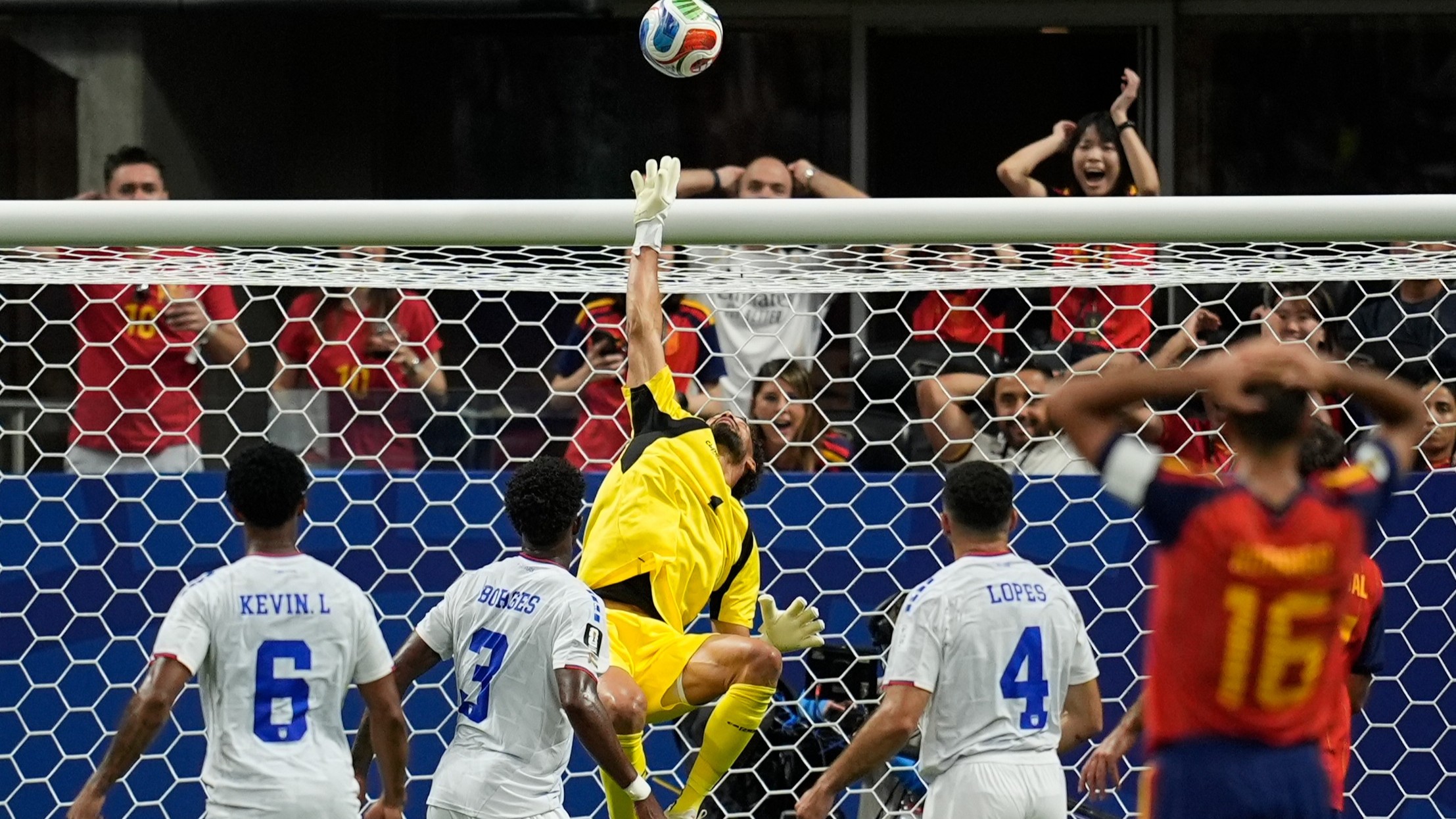 Cape Verde goalkeeper Vozinha (1) makes a save during the World Cup Group H soccer match between Spain and Cape Verde in Atlanta.