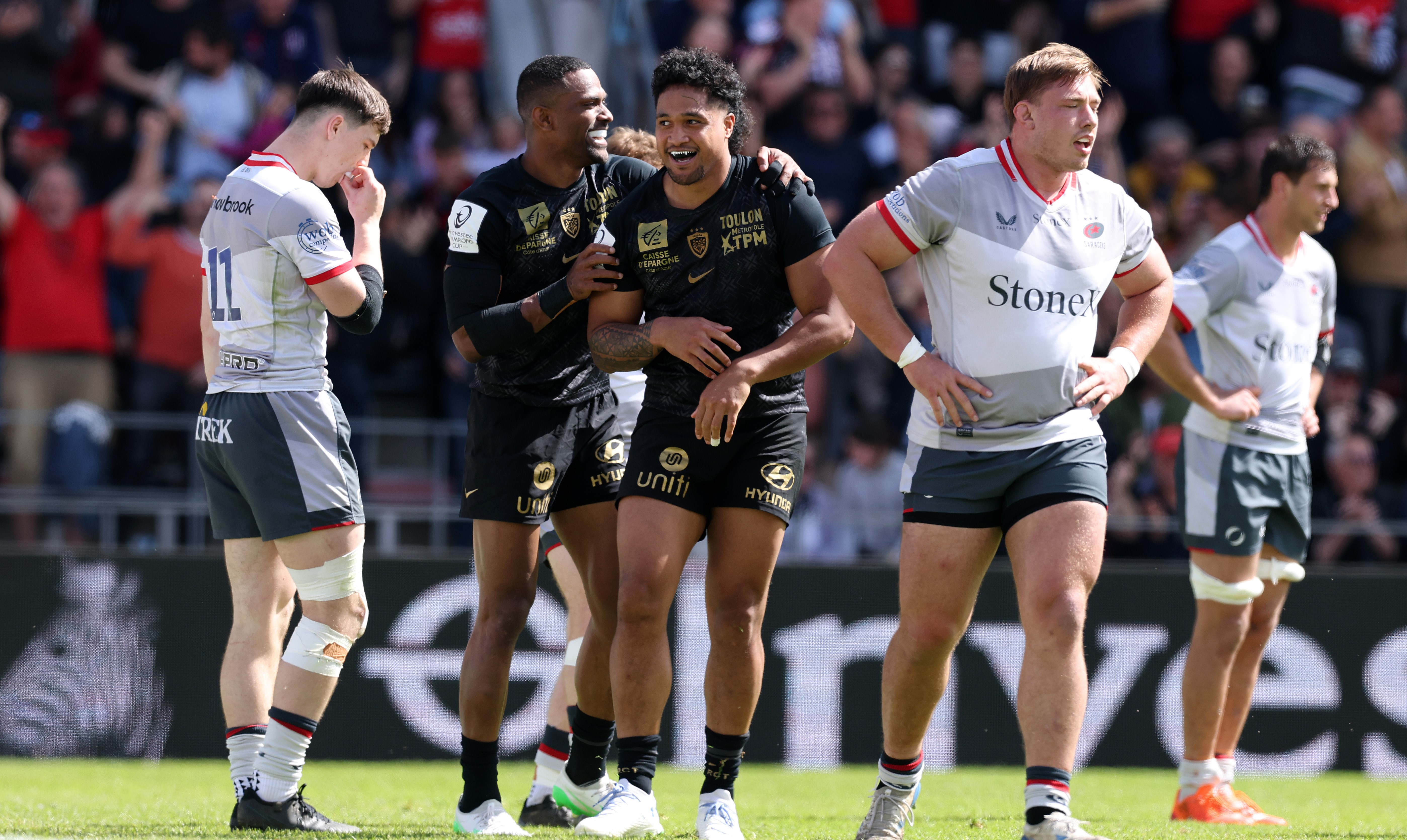 Leicester Fainga'anuku celebrates after scoring a try for Toulon against Saracens this month.