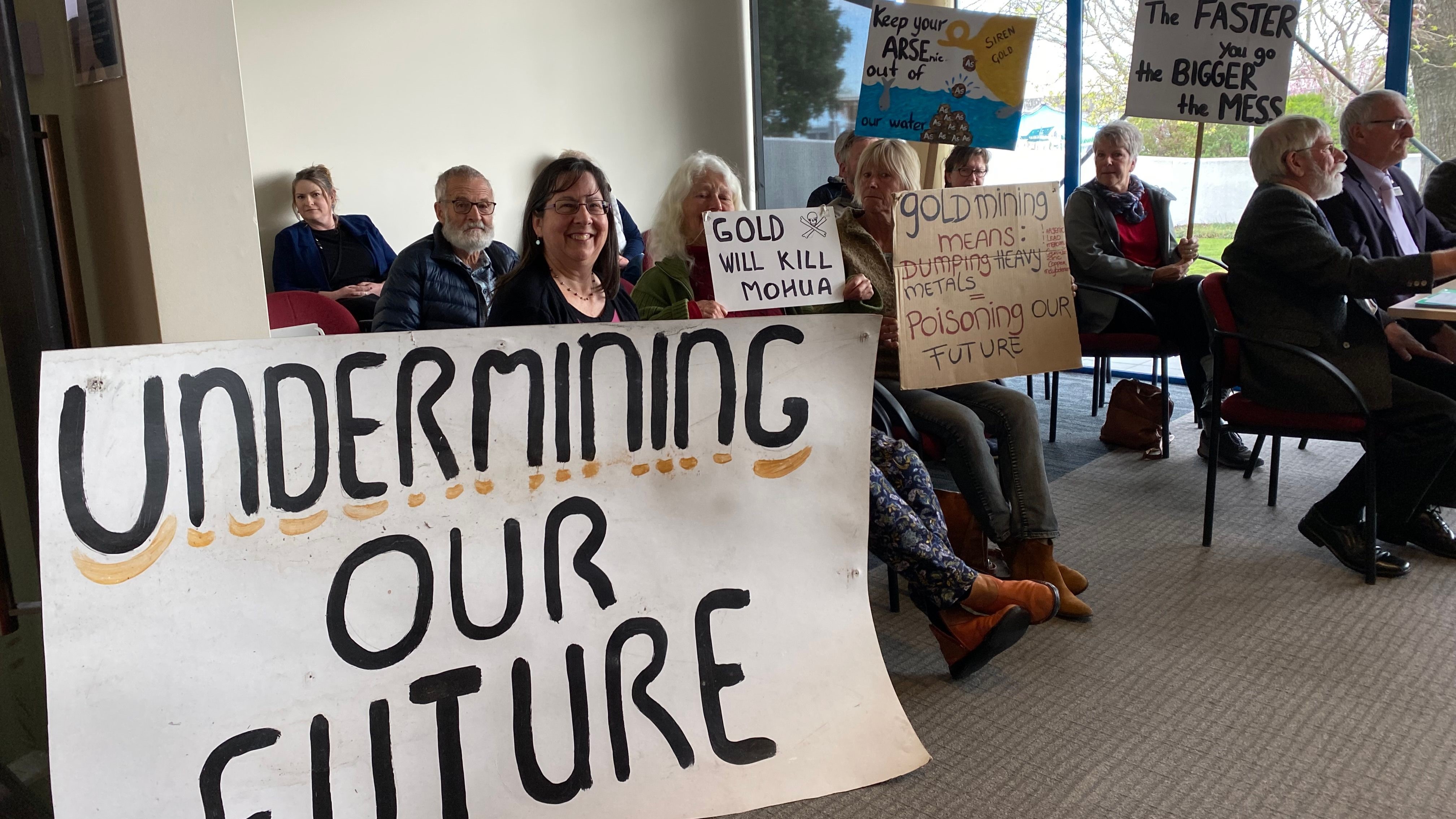 A group presents to Tasman District Council against a gold mining proposal, in May this year.
