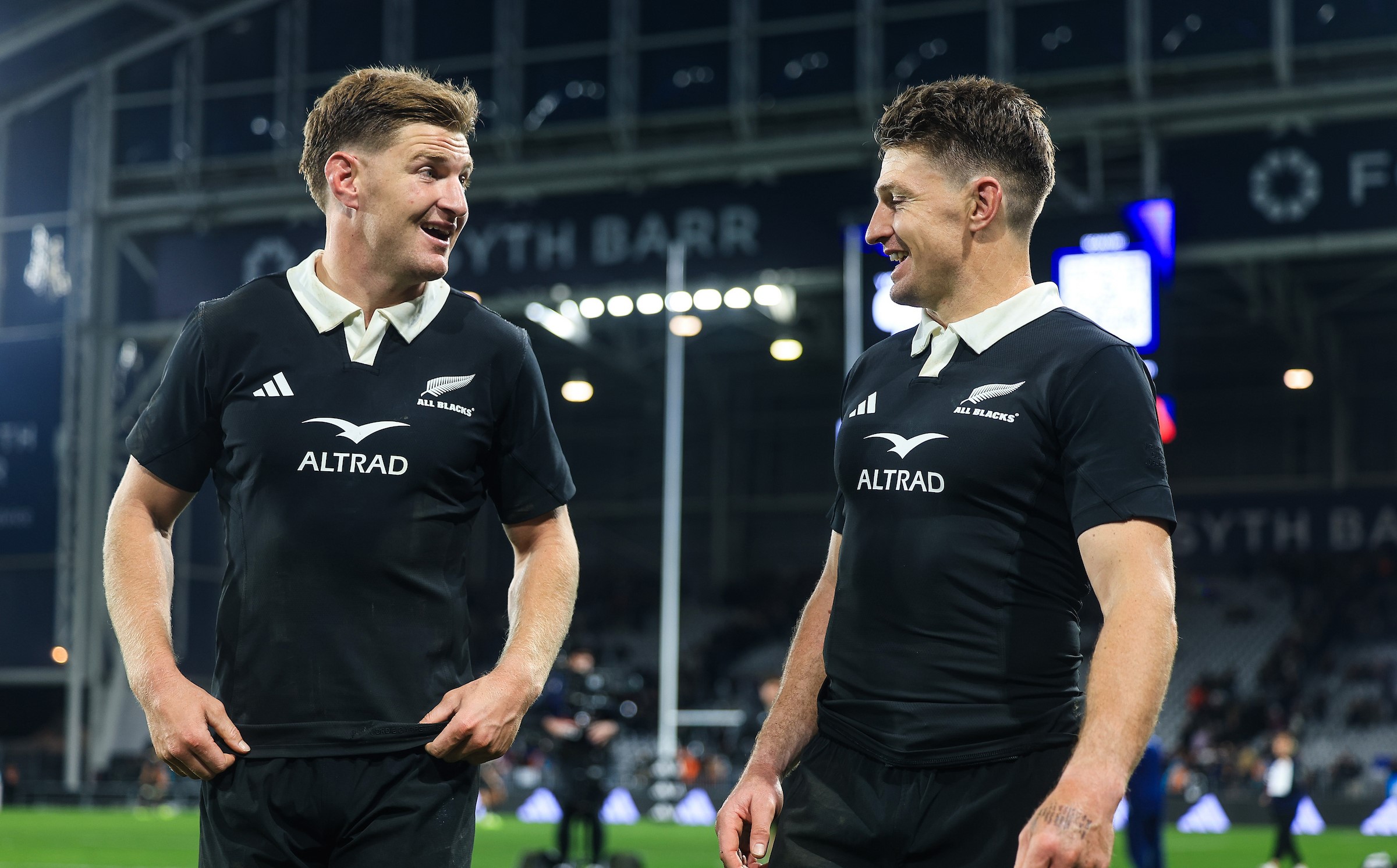 Jordie Barrett, left, and brother Beauden after the first Test in Dunedin.