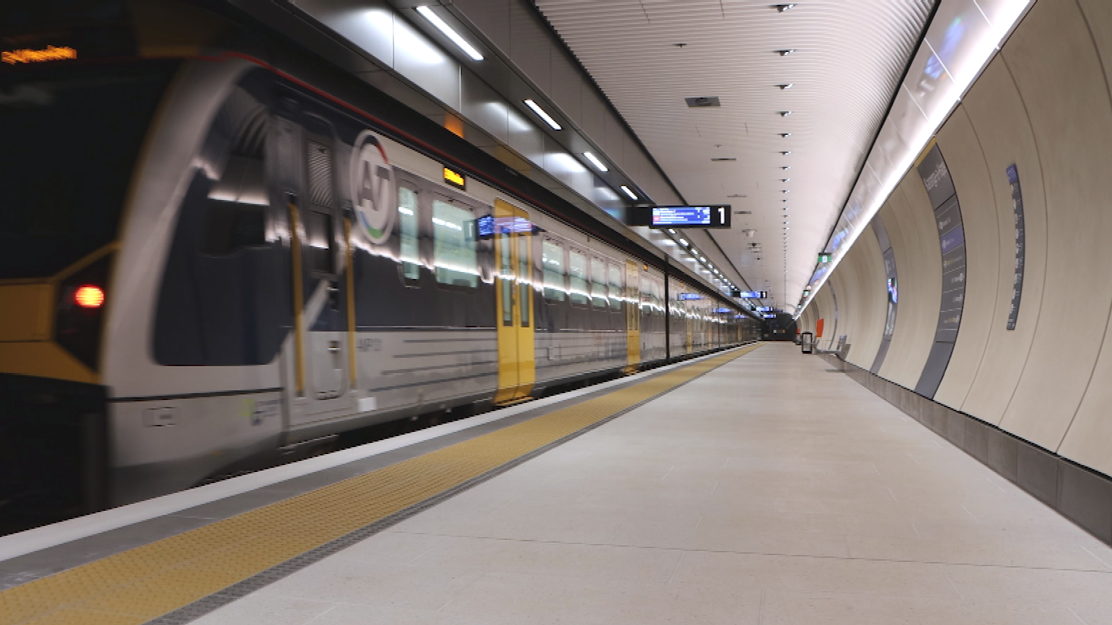 A train in the Karangahape Station tunnels