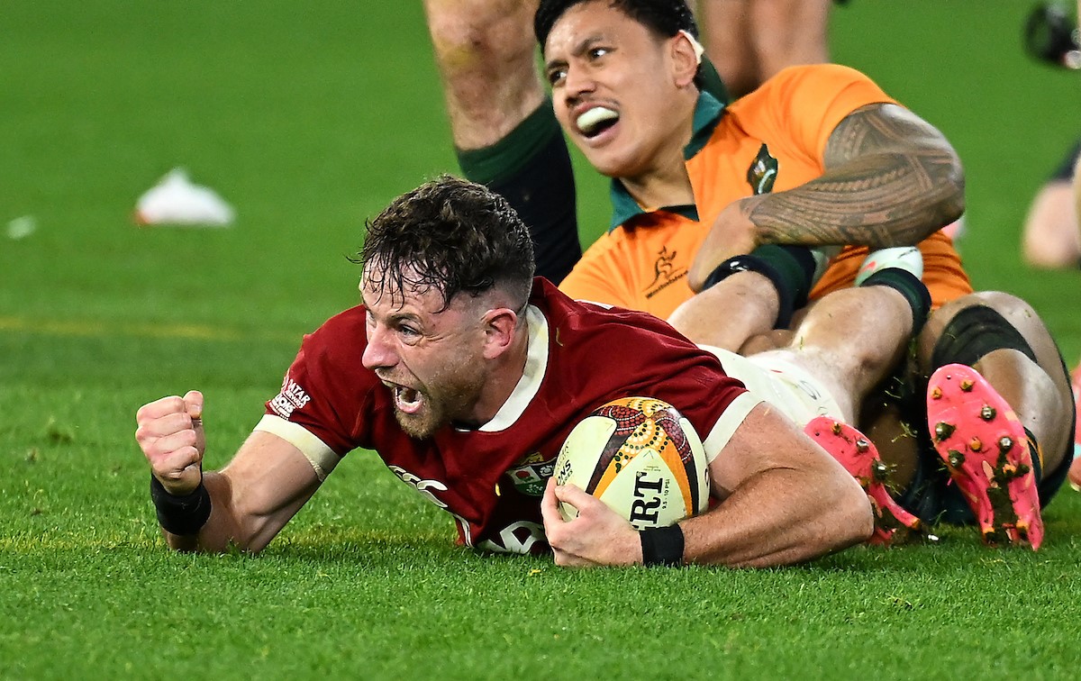 Hugo Keenan celebrates his match-winning try for the Lions against the Wallabies in Melbourne.