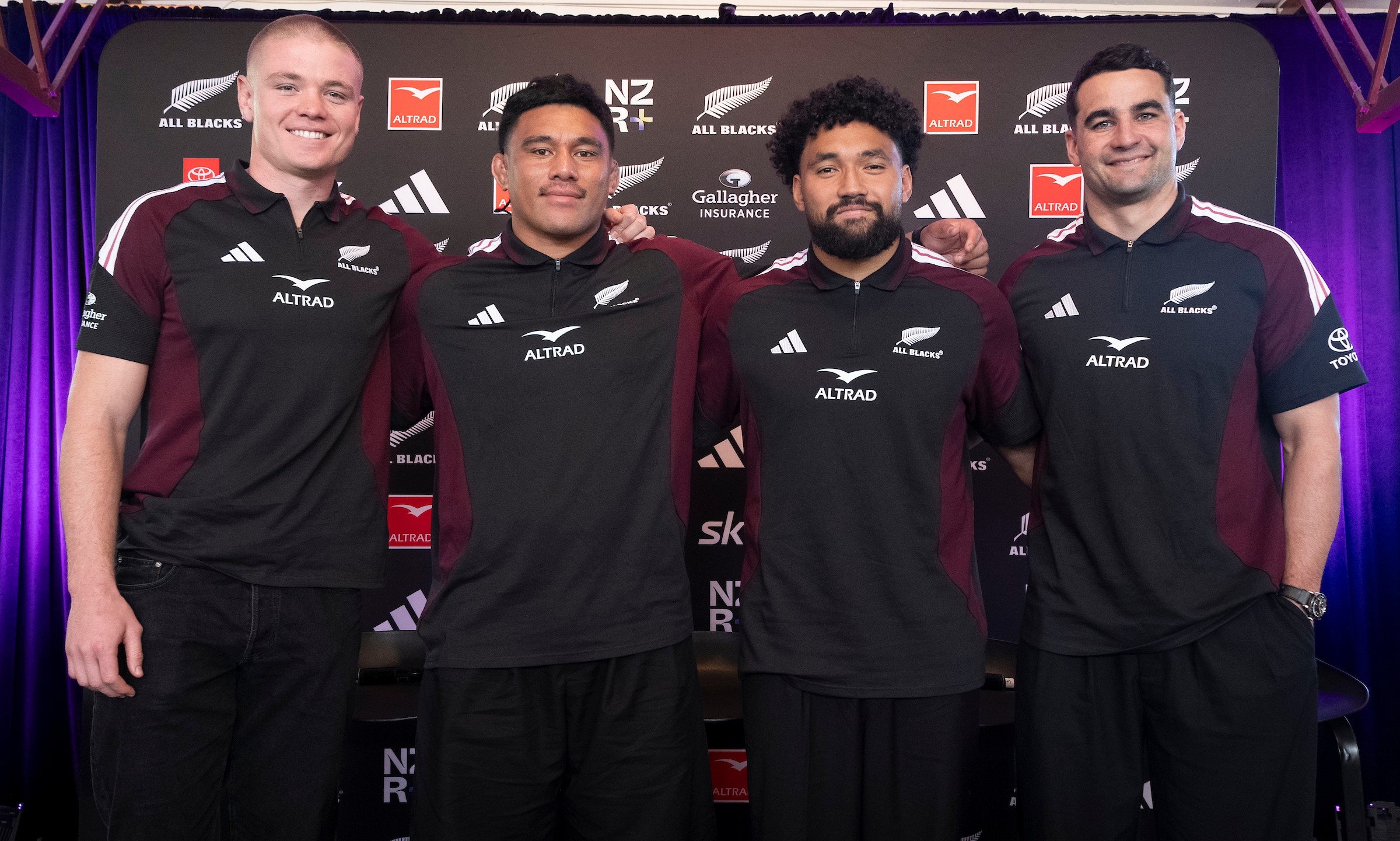 New All Blacks, from left, Anton Segner, Xavier Numia, Fehi Fineagonofo and Josh Moorby at the squad announcement.