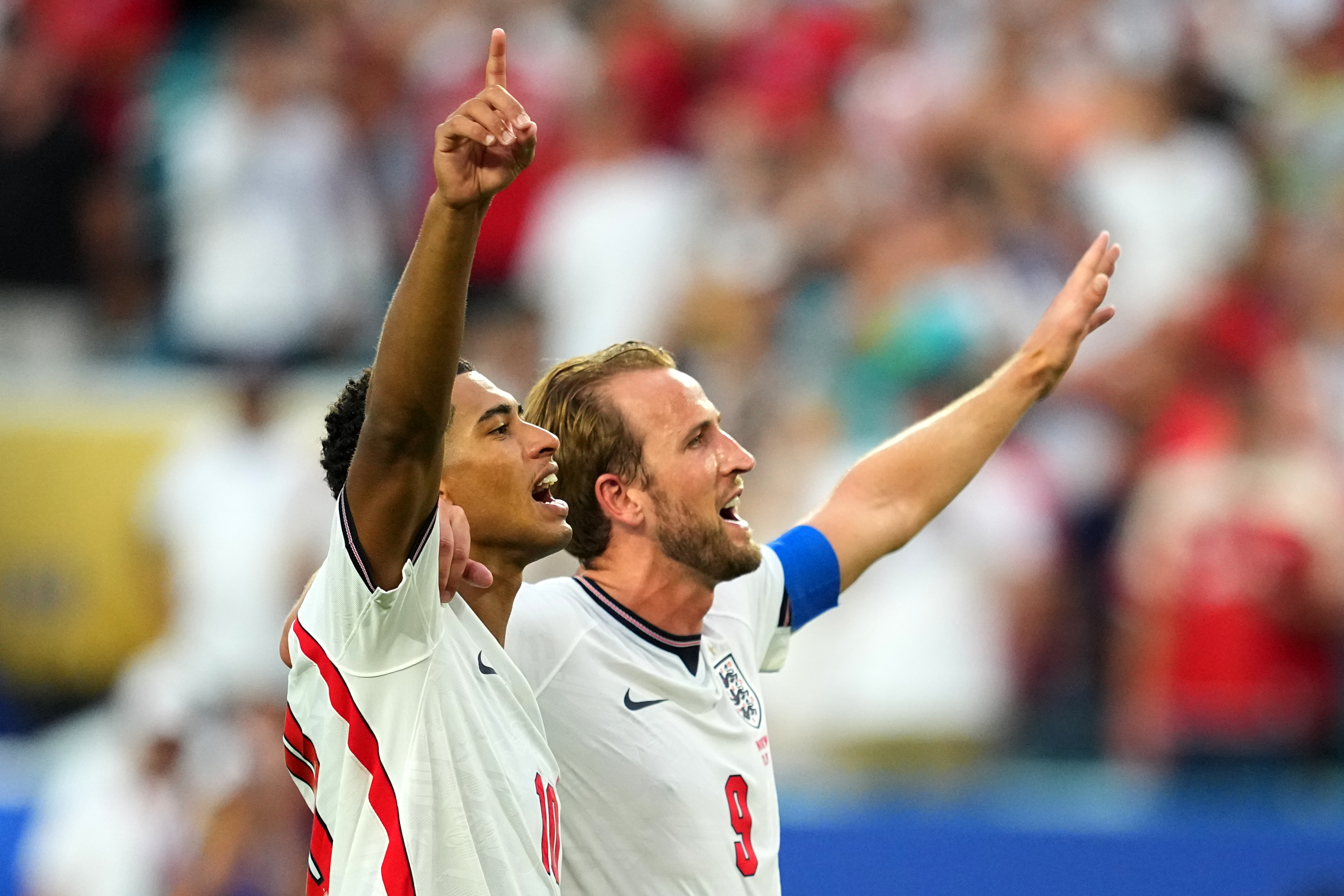 Jude Bellingham, left, and Harry Kane celebrates England's victory over Norway in a World Cup quarterfinal soccer match in Miami Gardens, Fla., Saturday, July 11, 2026