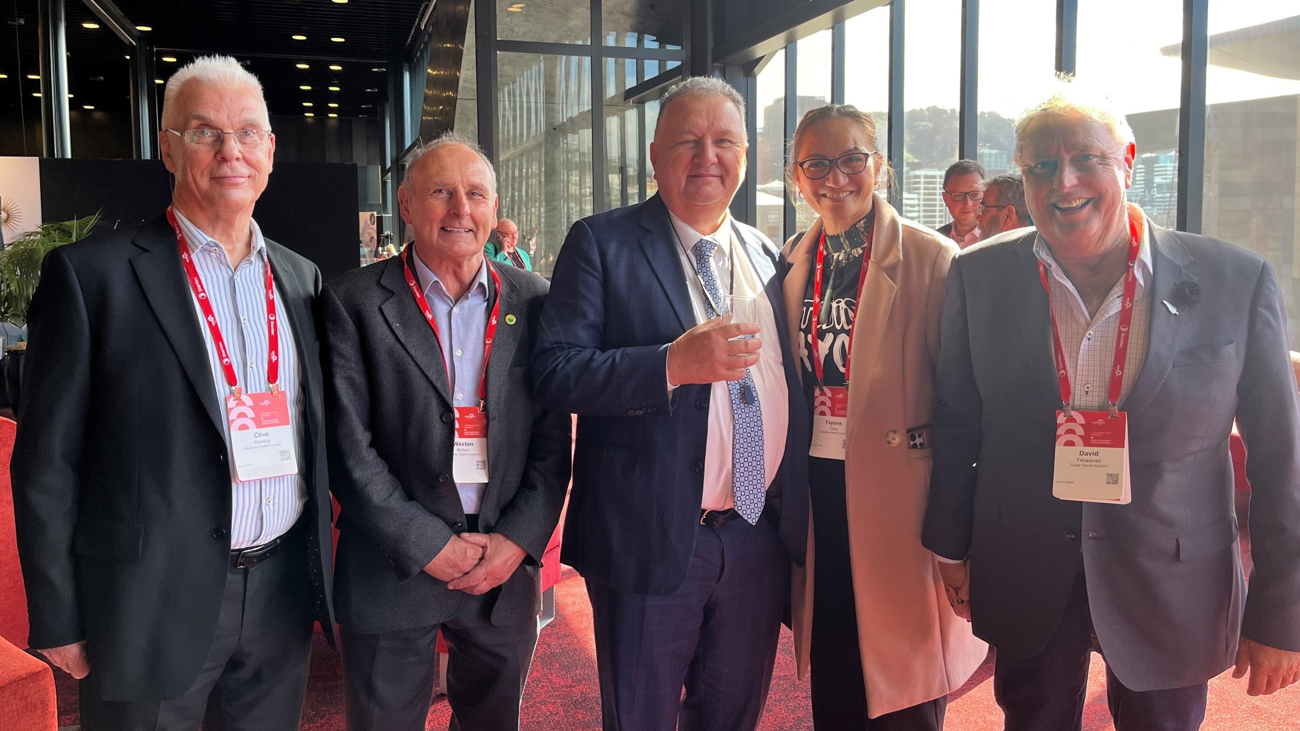 From left, Ruapehu District Council chief executive Clive Manley, Ruapehu mayor Weston Kirton, Regional Development Minister Shane Jones, Kawerau mayor Faylene Tunui, and Taupo mayor David Trewavas at the LGNZ National Conference in Wellington.