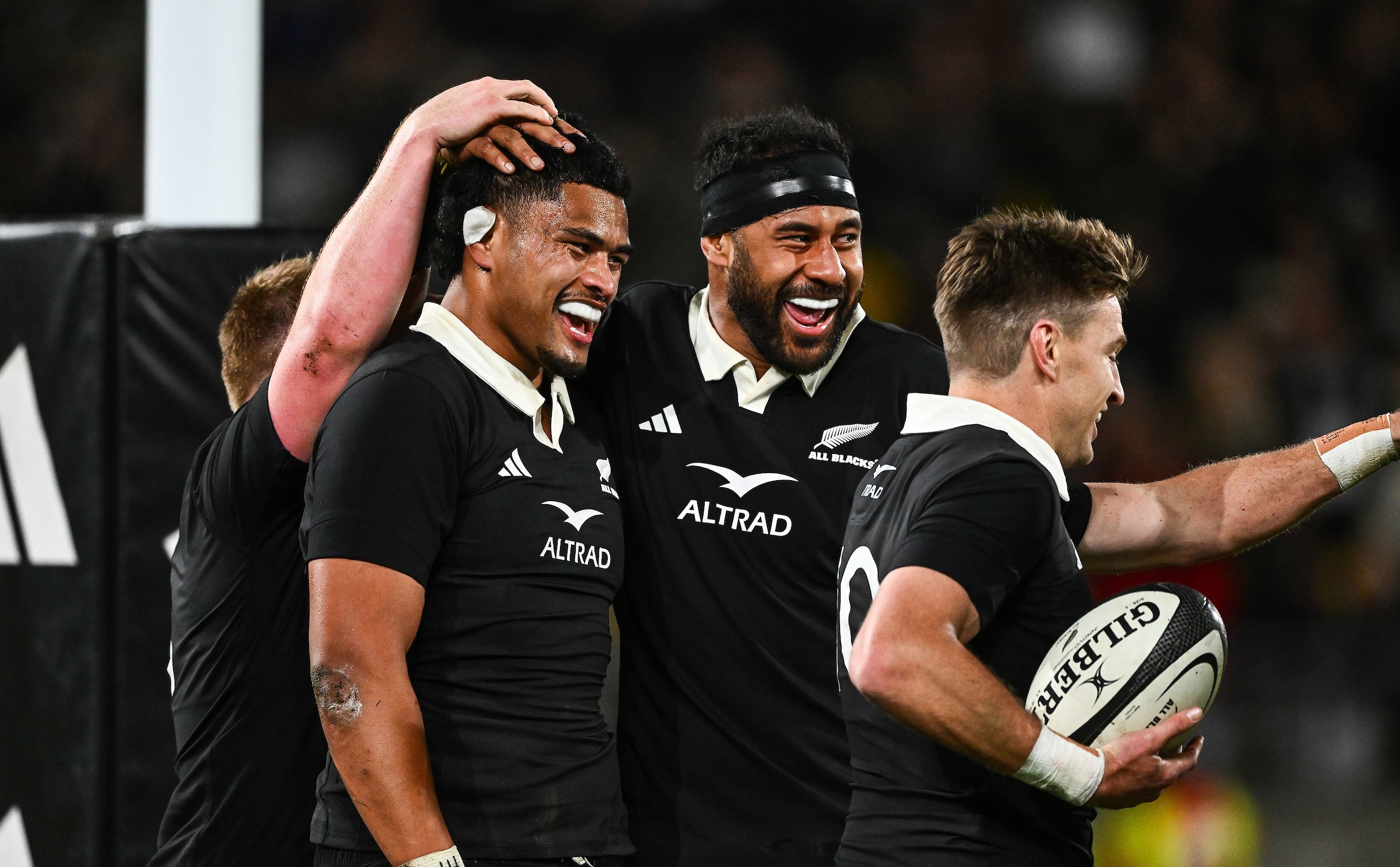 Tupou Vaa'i, left, and Patrick Tuipulotu celebrate Vaa'i's try against France in Wellington.