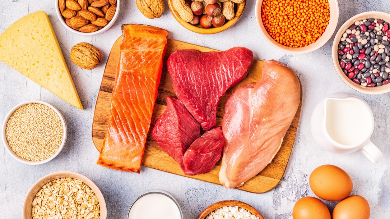 Protein sources including meat, fish, dairy products, nuts, legumes, and grains.