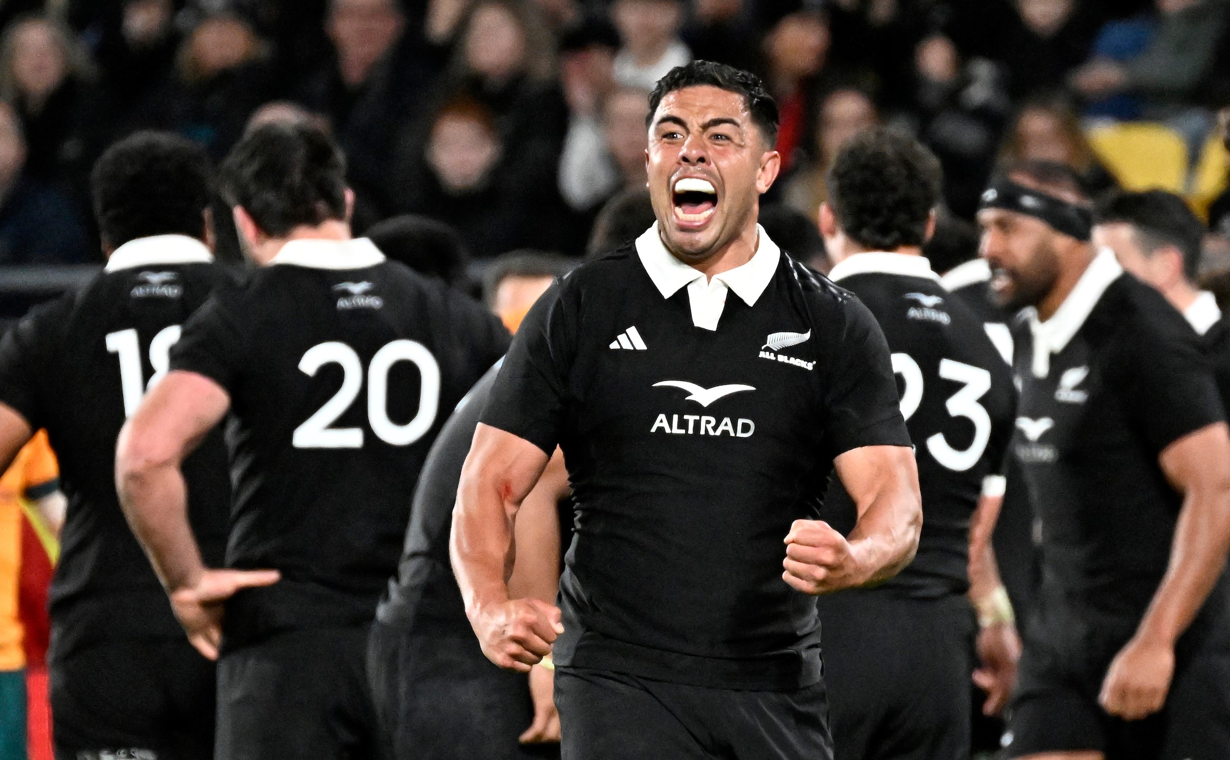Anton Lienert-Brown celebrates during the All Blacks' victory over Australia in last year's Bledisloe Cup Test win in Wellington.