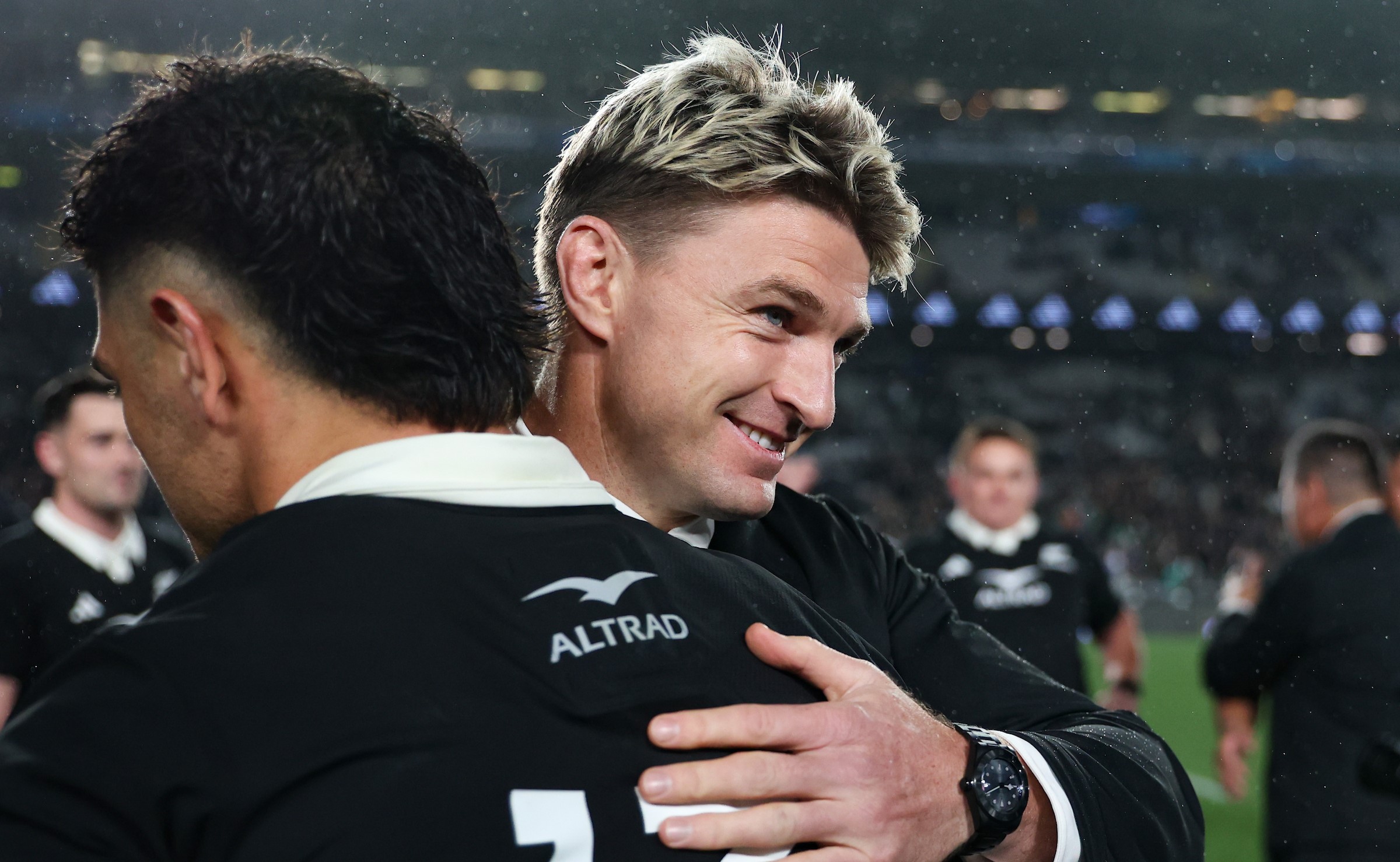 Beauden Barrett congratulates Quinn Tupaea after the All Blacks' win over Ireland.