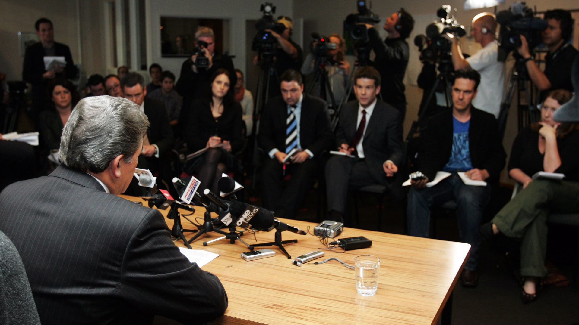John Campbell attends a press conference with Winston Peters at New Zealand First Auckland offices in July 2008.
