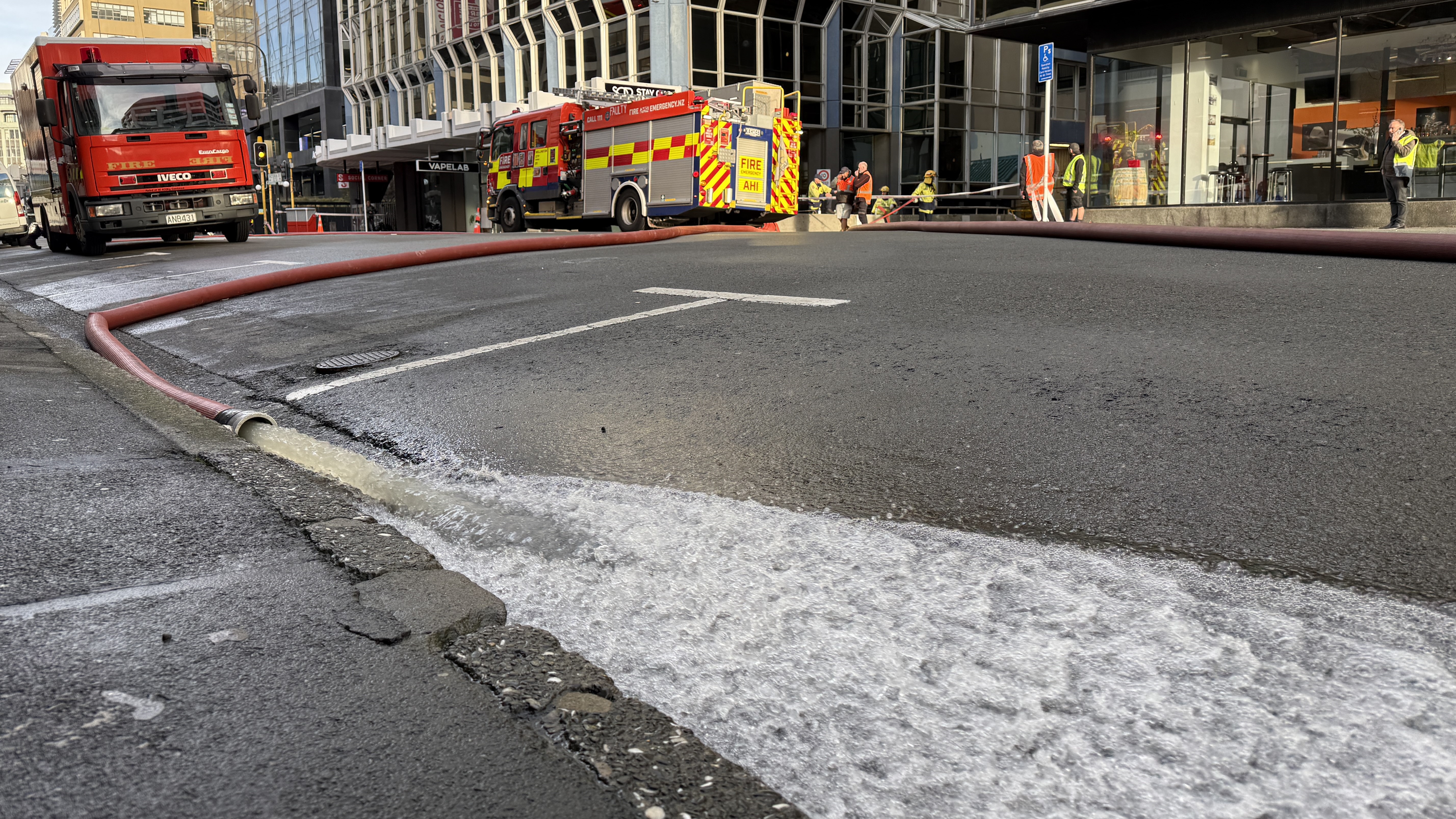 Fire and Emergency crews attend a burst water pipe in central Wellington.