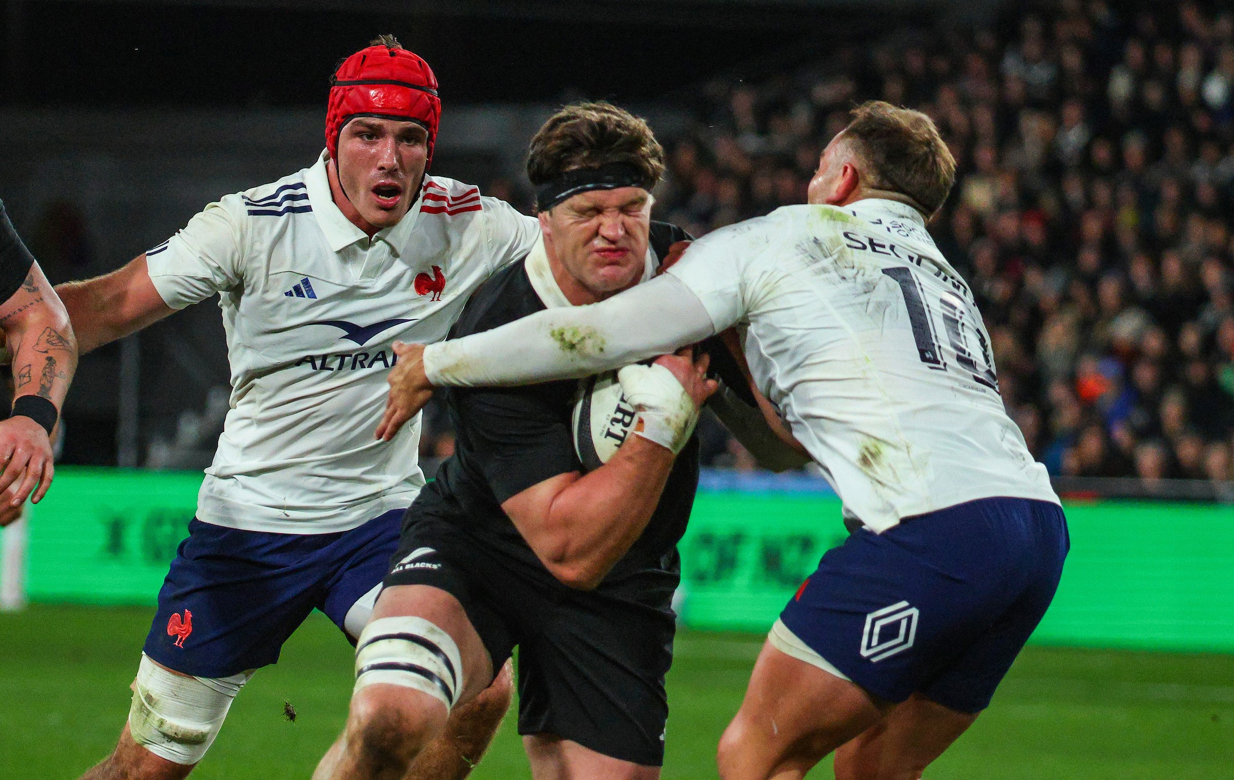 Scott Barrett carries the ball during the All Blacks' win over France in the first Test.