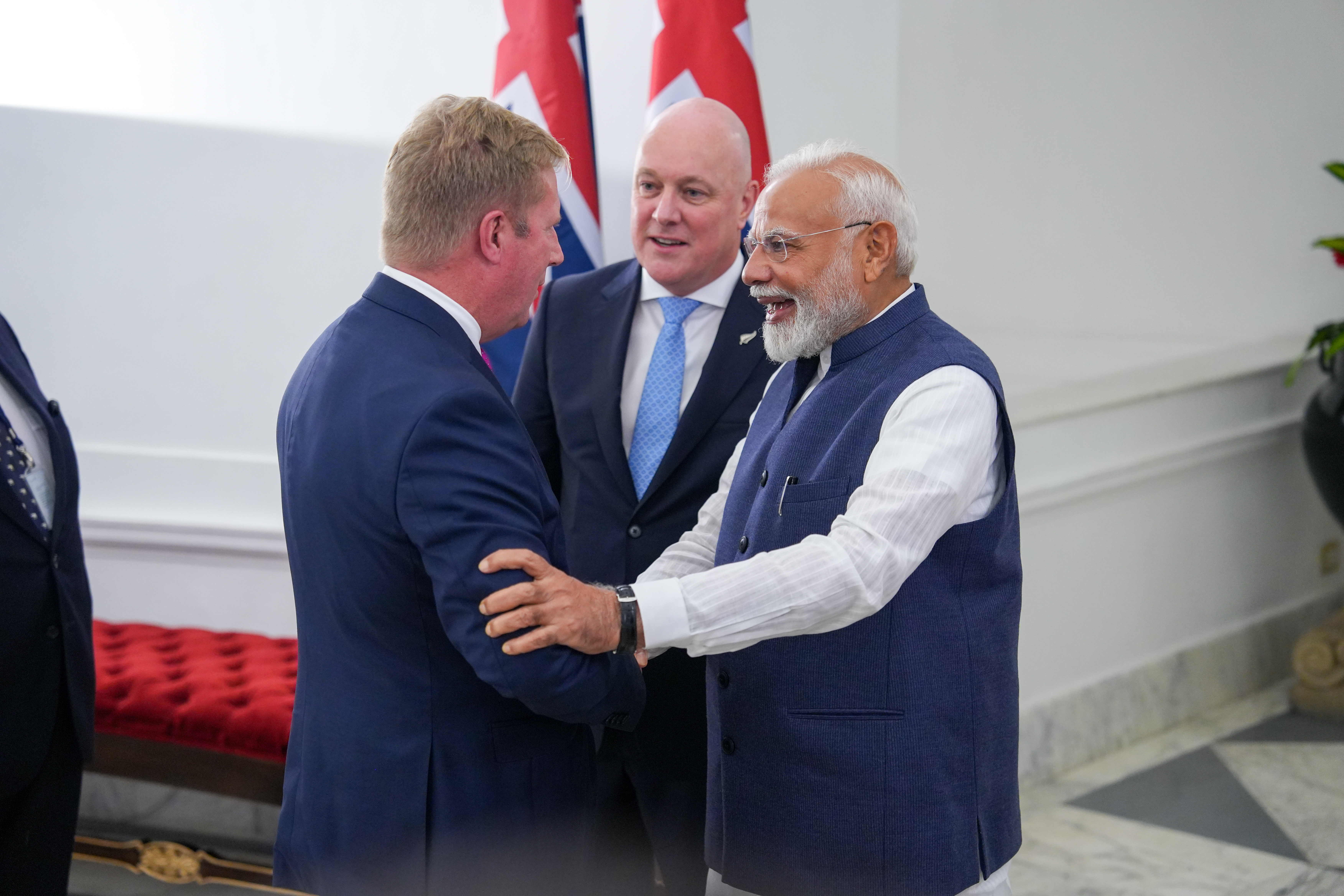 New Zealand Prime Minister Christopher Luxon, Minister for Trade Todd McClay and India Prime Minister Narendra Modi in India in March 2025 when negotiations were launched. 