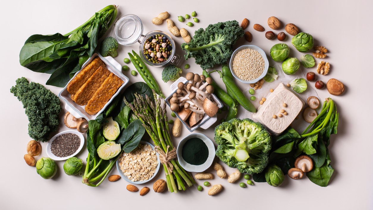 Variety of vegan, plant based protein sources including tofu, soy beans, tempeh, green vegetables, nuts, seeds, quinoa, oatmeal and spirulina.
