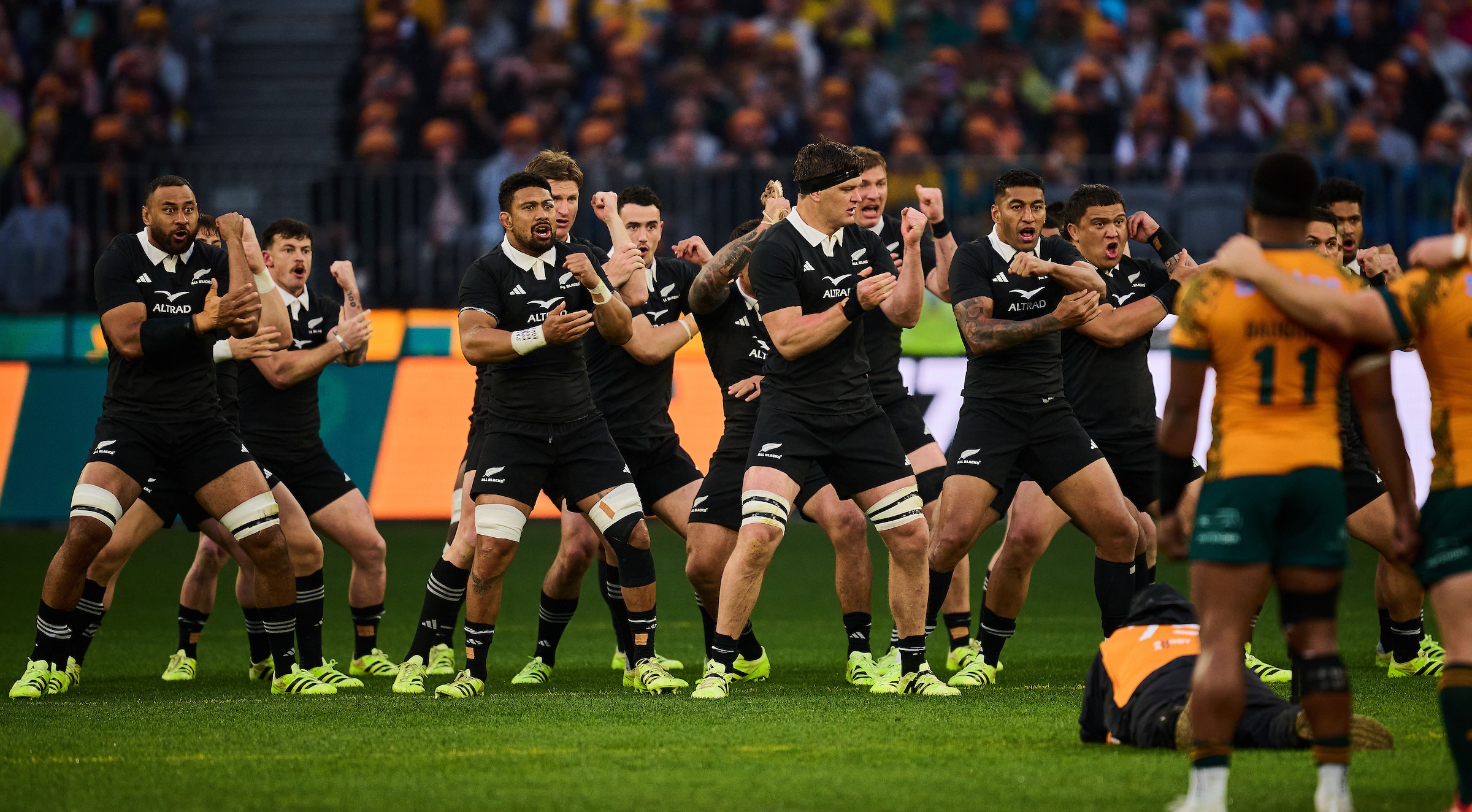 The All Blacks perform the haka before the Bledisloe Cup Test in Perth in October.