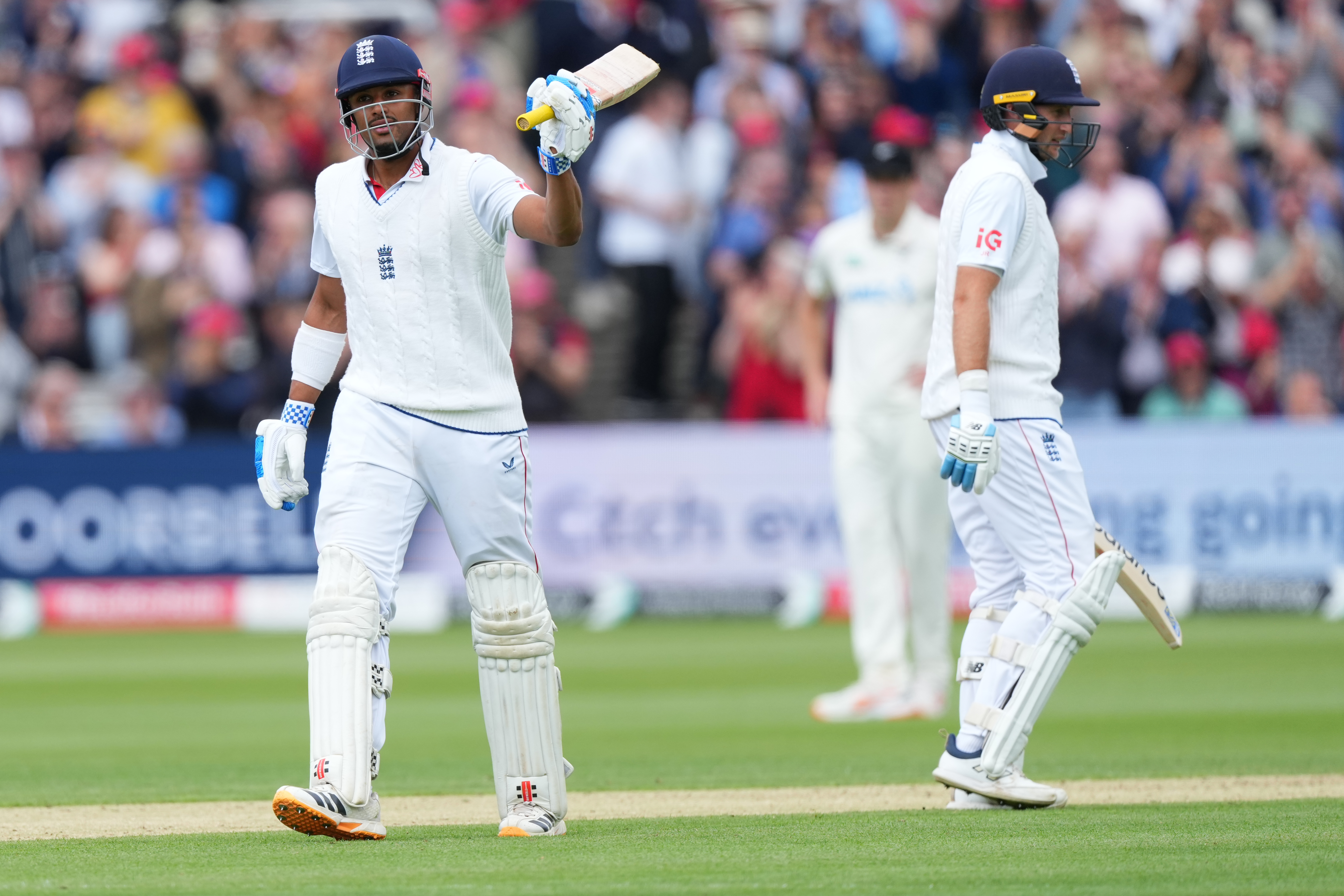 England's Emilio Gay celebrates his half century during the second day of the test match between England and New Zealand at Lord's cricket ground in London, Friday, June 5, 2026. 