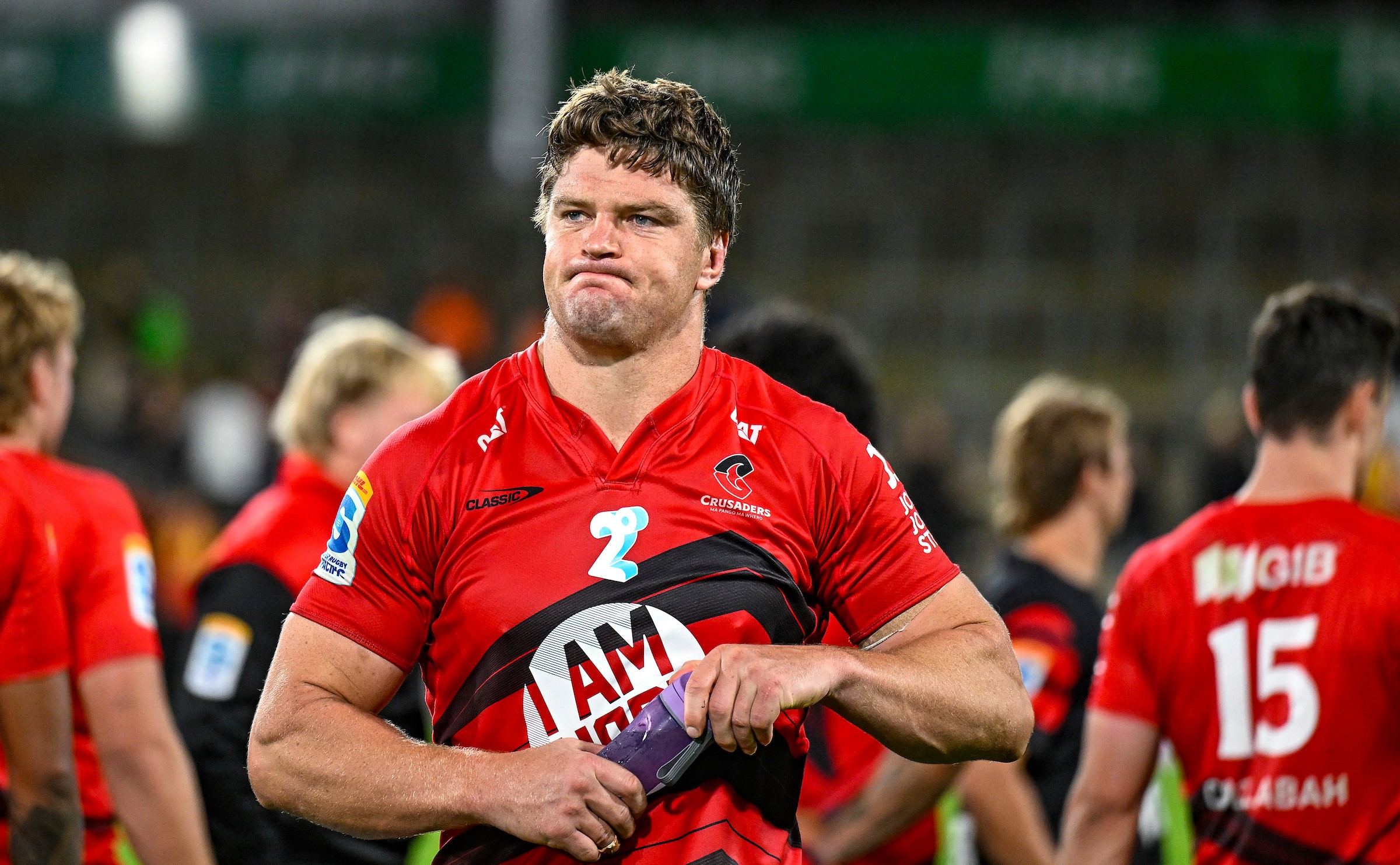 Crusaders lock Scott Barrett appears dejected after his team's round two loss to the Chiefs.