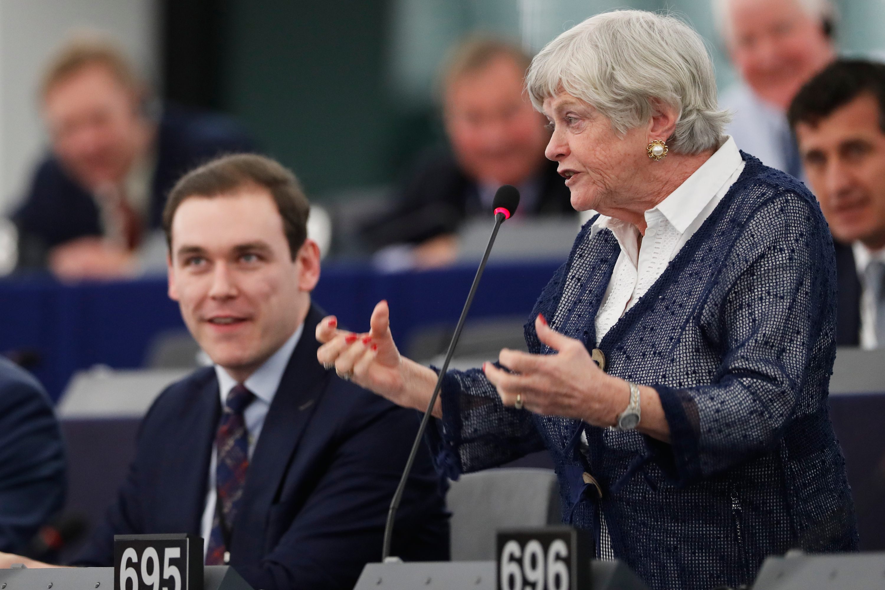 Britain's European parliament member Ann Widdecombe, right, of the Brexit party, speaks during a debate at the European parliament in 2020.