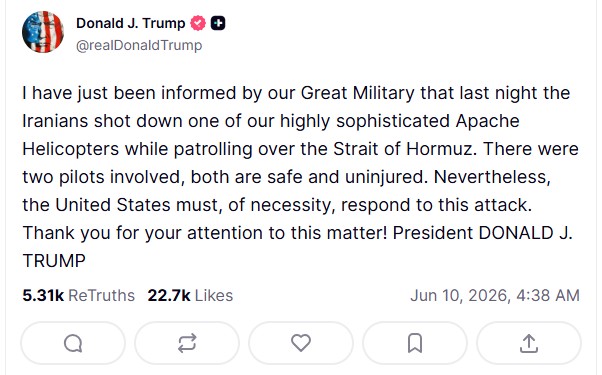 Trump said in a social media post that military officials told him “the Iranians shot down one of our highly sophisticated Apache Helicopters