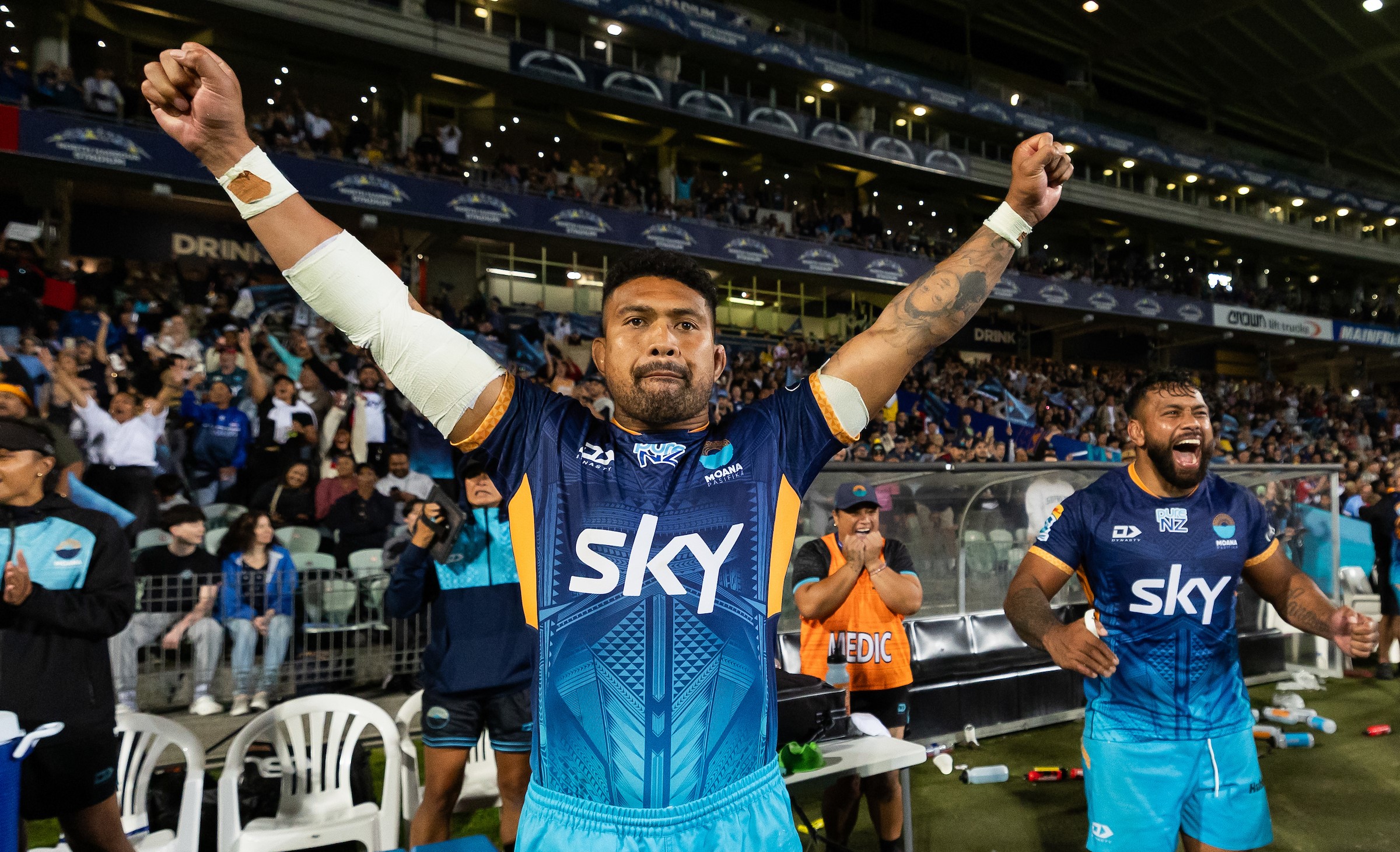 Moana Pasifika captain Ardie Savea celebrates his team's win over the Hurricanes at North Harbour Stadium in February.