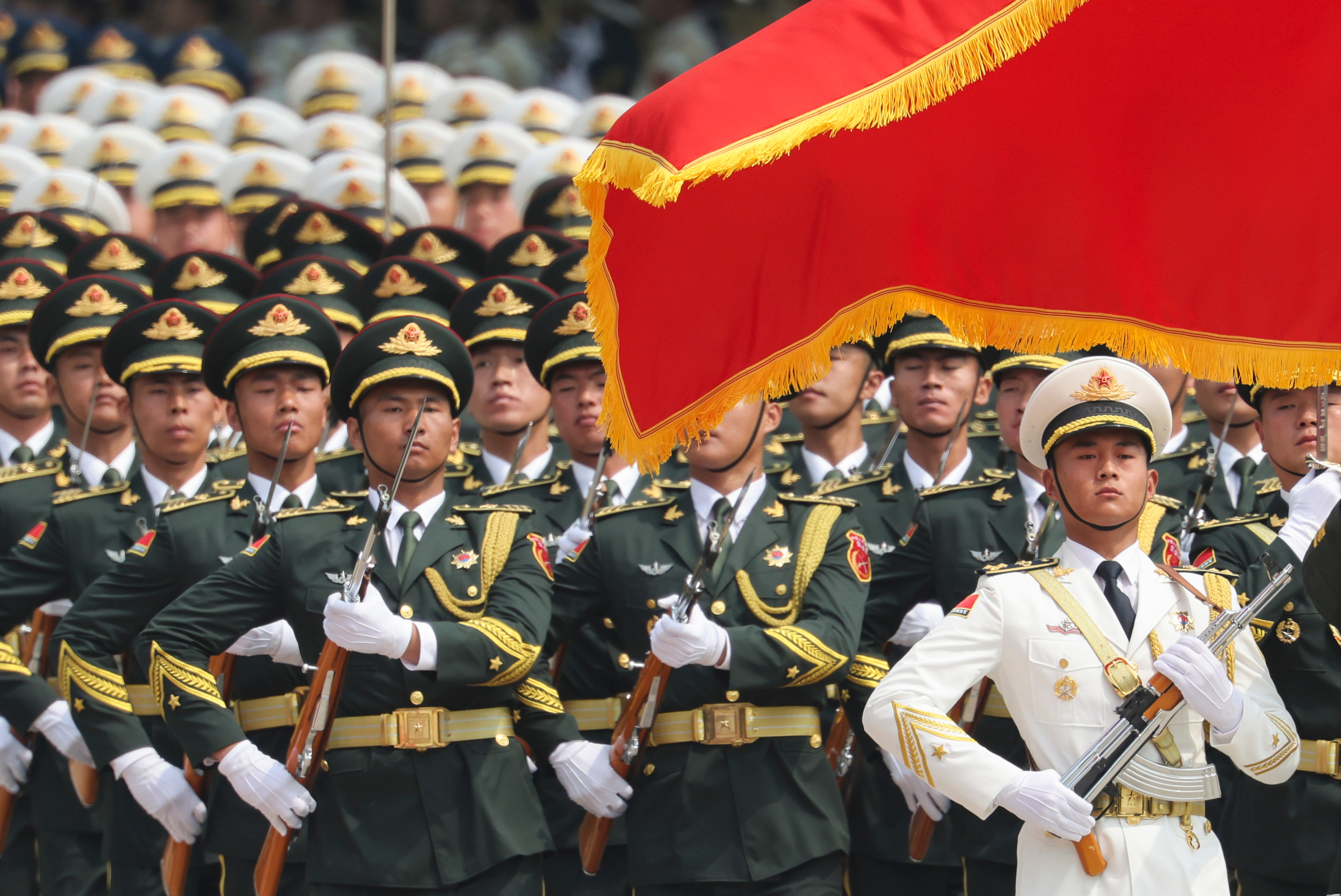 Chinese People's Liberation Army (PLA) honour guards march on the day of the welcome ceremony for US President Donald Trump by Chinese President Xi Jinping at the Great Hall of the People in Beijing, Thursday, May 14, 2026.