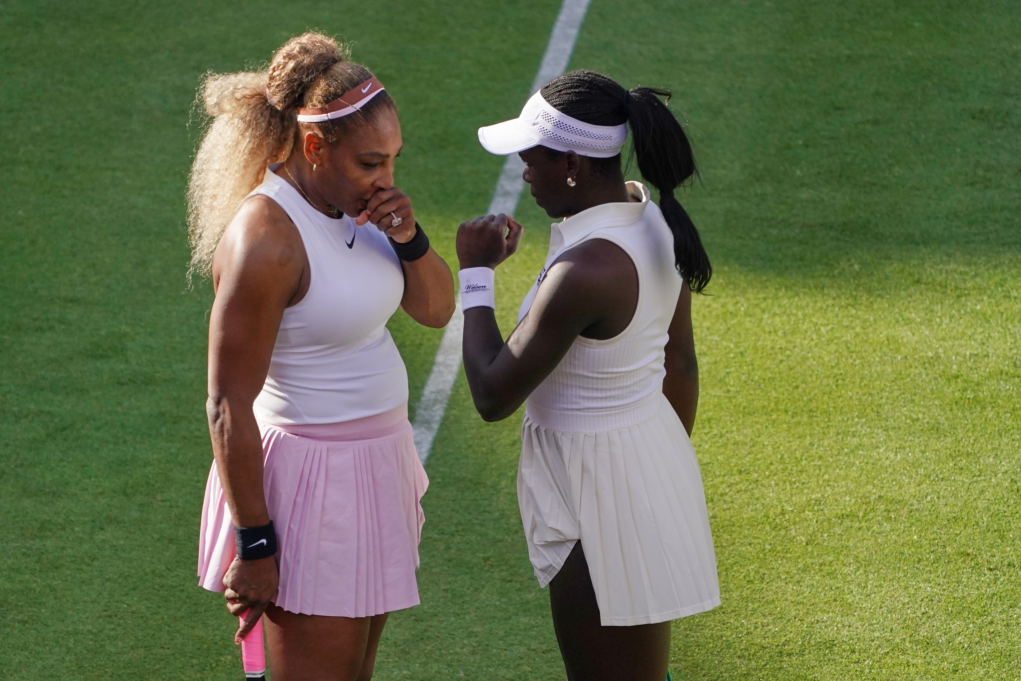 Serena Williams plays against Nicole Melichar-Martinez of Canada and Erin Routliffe of NZ during their doubles match.