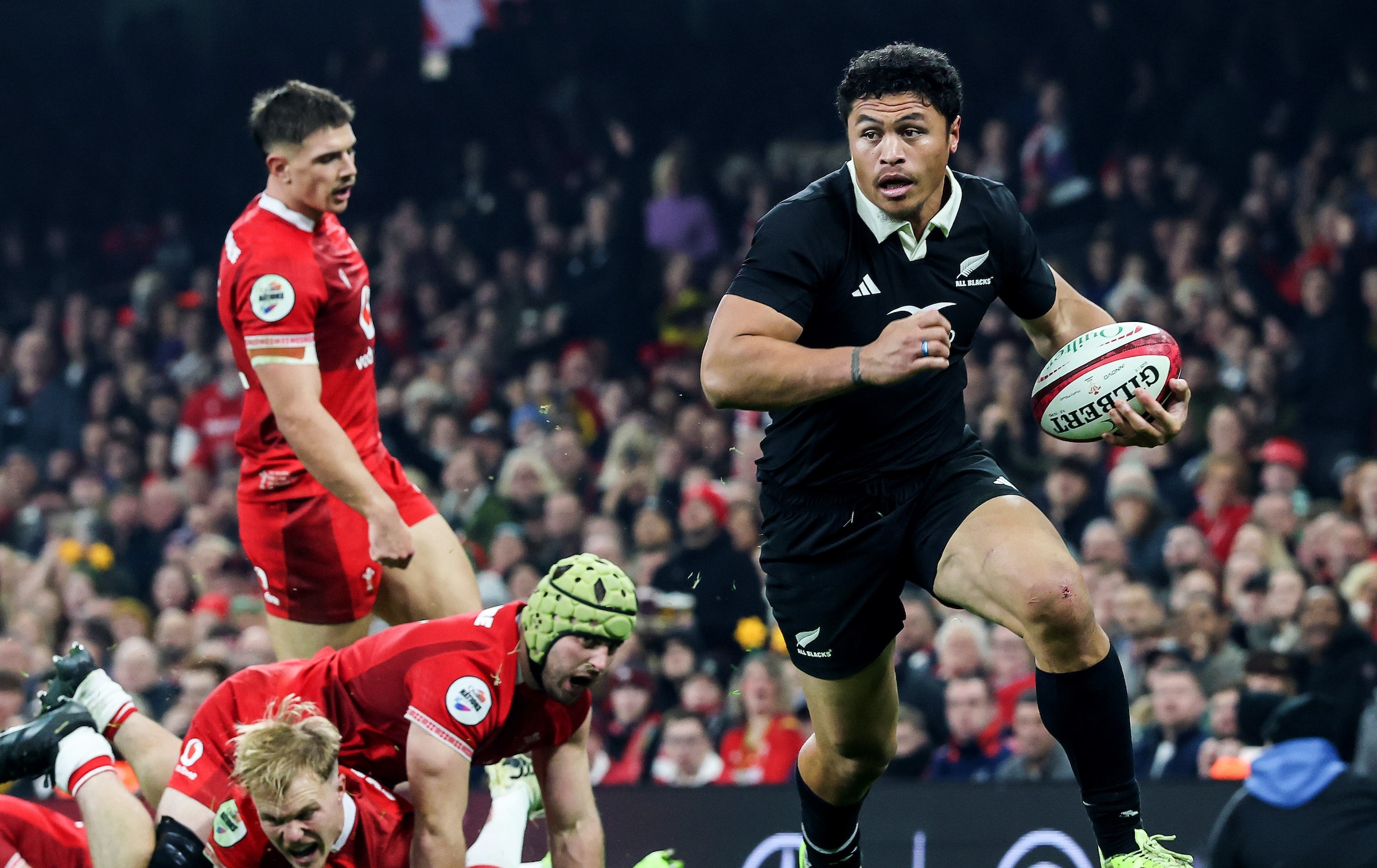 Caleb Clarke goes on the attack for the All Blacks in Cardiff.