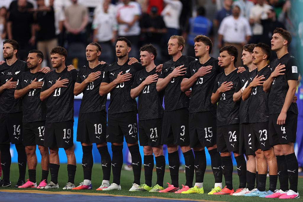 The team of New Zealand stand for the national anthem prior to the FIFA World Cup 2026 Group G match between IR Iran and New Zealand at Los Angeles Stadium on June 15, 2026 in Inglewood, California